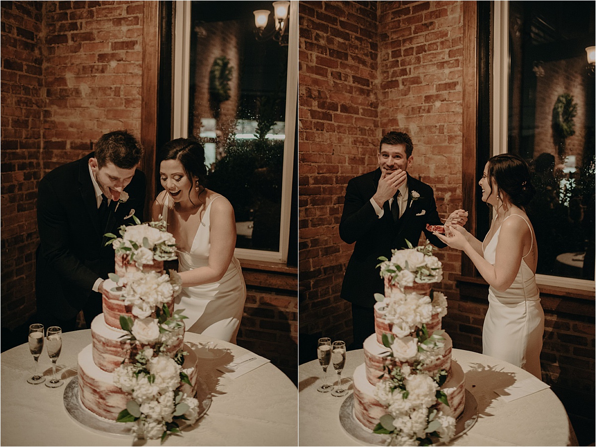 The bride and groom cut into their cake together