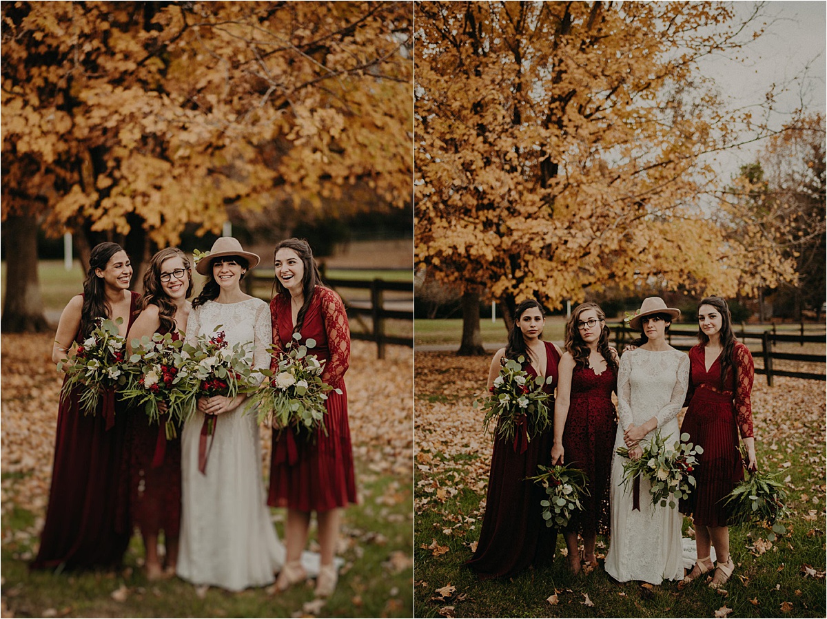 A stunning autumn palette for the bridesmaids in burgundy stands out against this late November tree in Nashville, TN