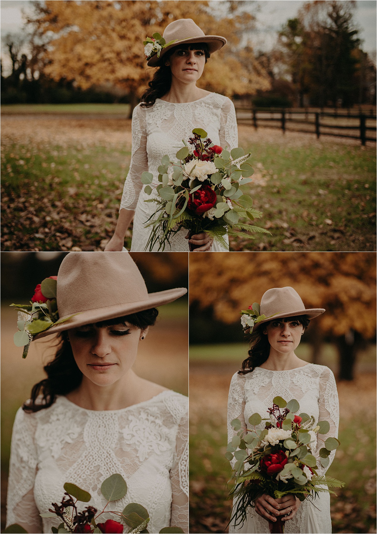 The bride wore a Grace Loves Lace gown a camel-colored hat with florals and touches of deep burgundy at this fall wedding at Barn in the Bend in Nashville, Tennessee