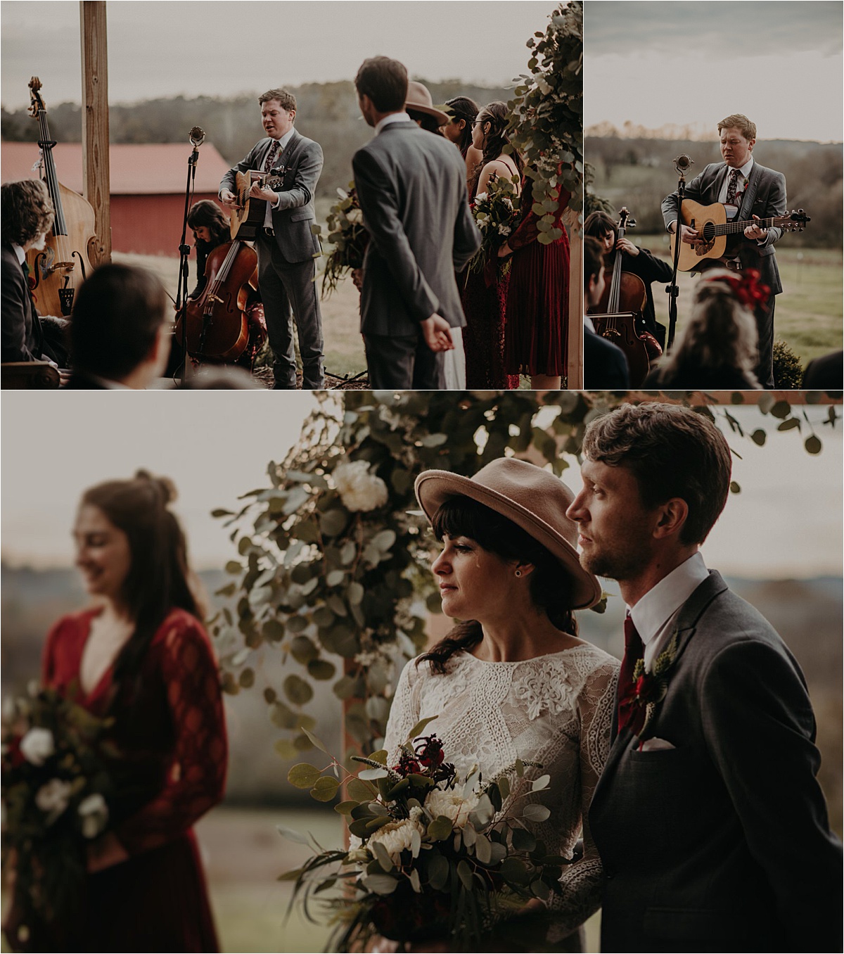 This musicians’ wedding including plenty of musical performances by their family and friends. The bride has a single tear as she looks on during the ceremony.