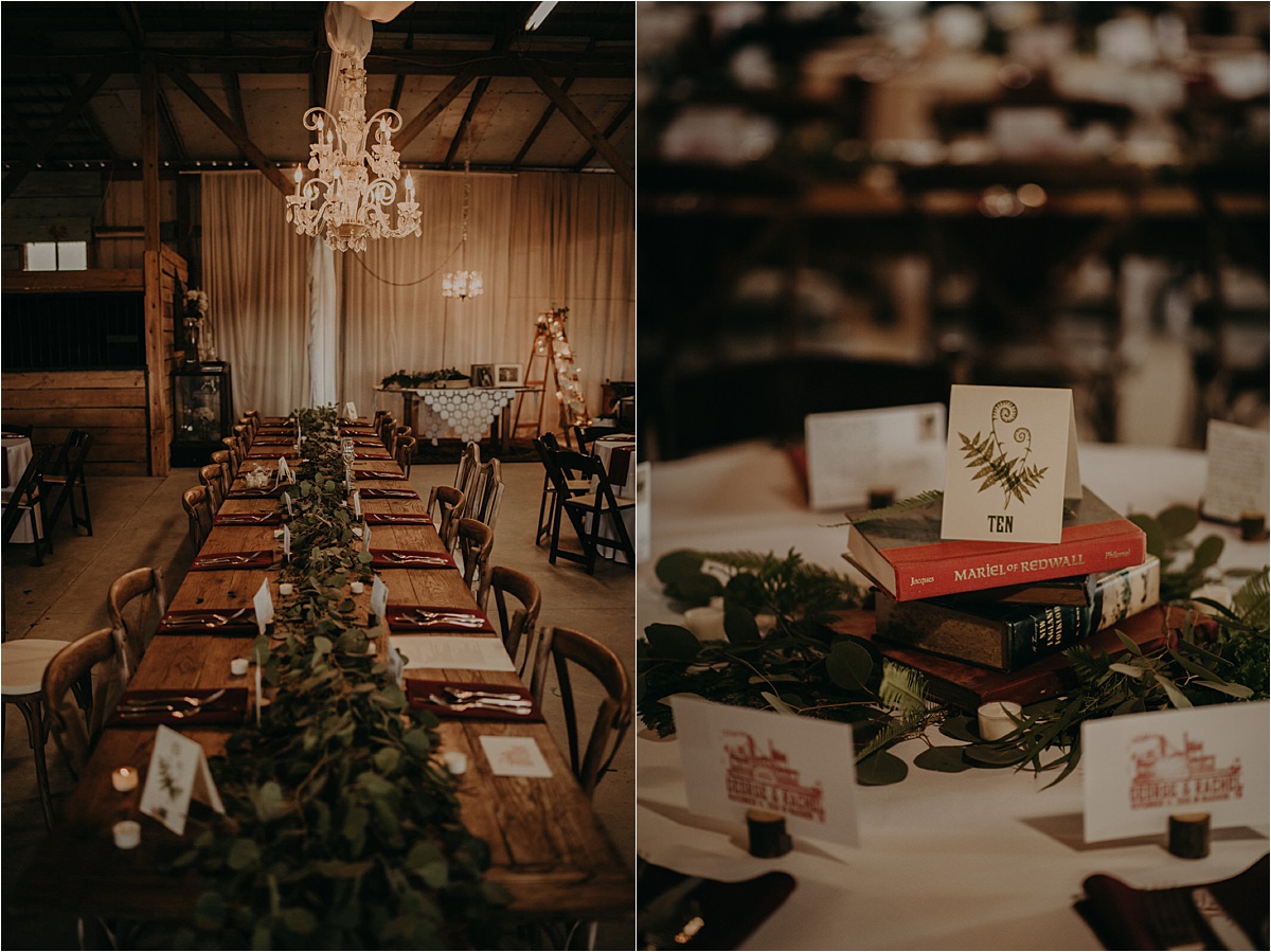 The bride and groom salvaged broken musical instruments and other antique pieces to design their reception decor at this Barn in the Bend wedding.