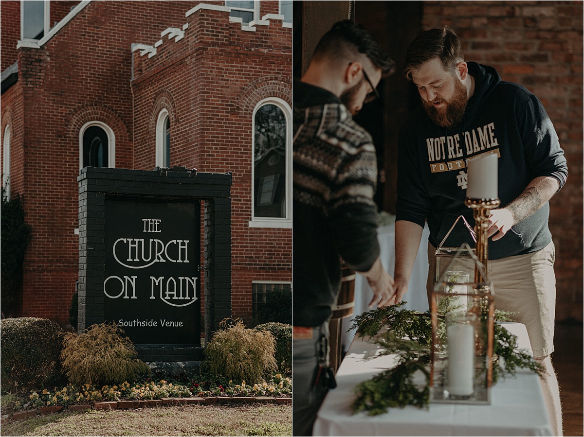 The grooms help lay out the decorations for their winter wedding at the Church on Main in Chattanooga, Tennessee