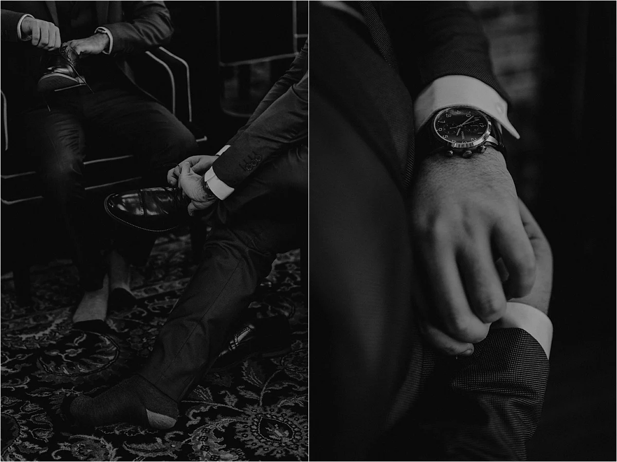 The finishing details of getting ready together at this same sex wedding