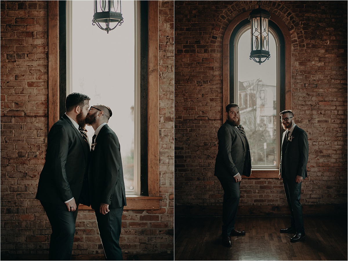 Groom and groom portraits in one of the brick laid rooms of this historic wedding venue, Church on Main, in Chattanooga, Tennessee.