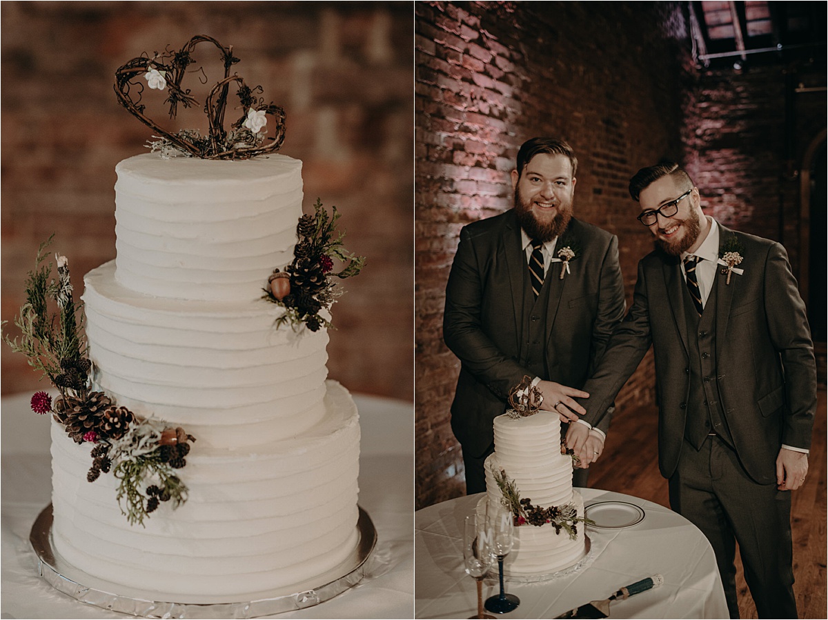 A beautiful white tiered cake with pinecones and leaf twigs as a symbol to the couple’s love of being outdoors