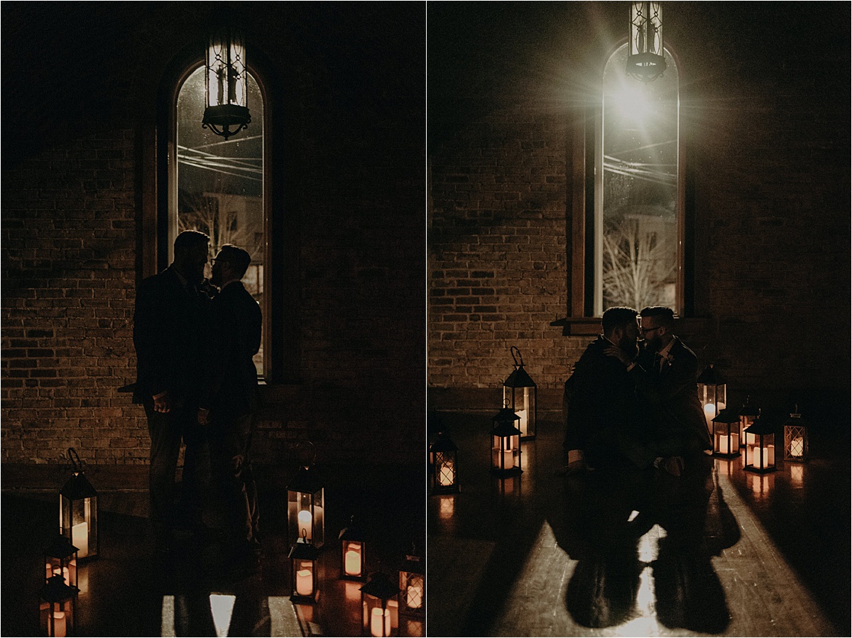 Night portraits of the groom and groom in a side room of the Church on Main lit entirely by lanterns