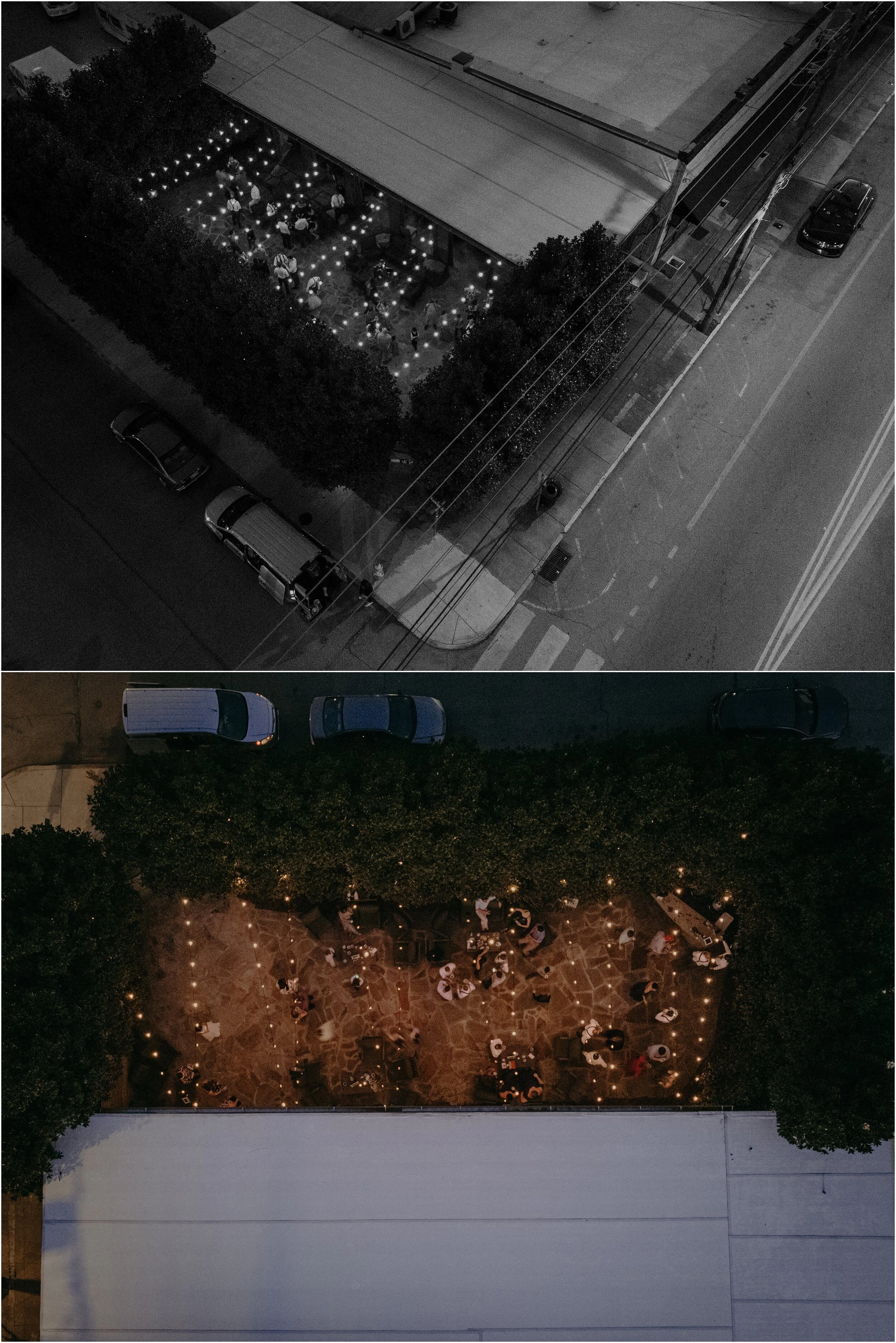 These drone images over Urban Lawn in Chattanooga, Tennessee use the natural light of the string lights and the city lights to showcase the romantic style of this intimate wedding reception.