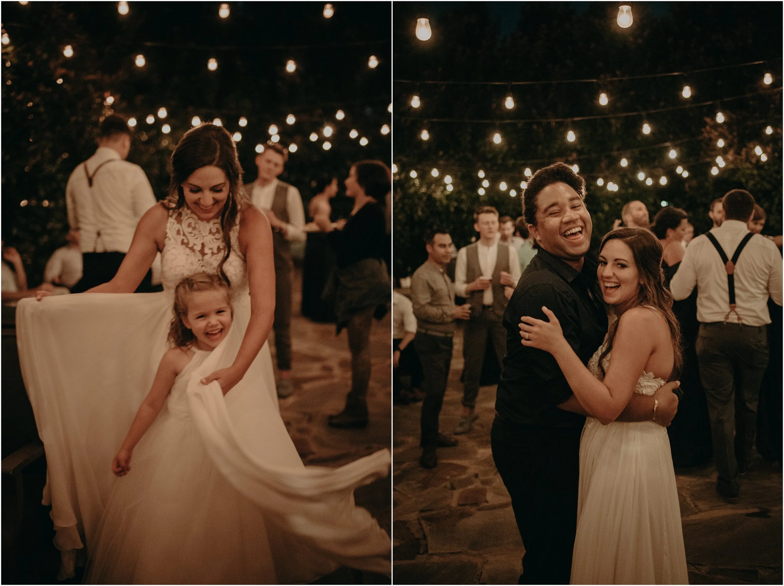 Natural light at a wedding reception like this one at Urban Lawn in Chattanooga, Tennessee often means using a slower shutter speed. While this lets in more light, it often means the images are a bit softer, and the movement blurred creating a romantic intention to the photos.