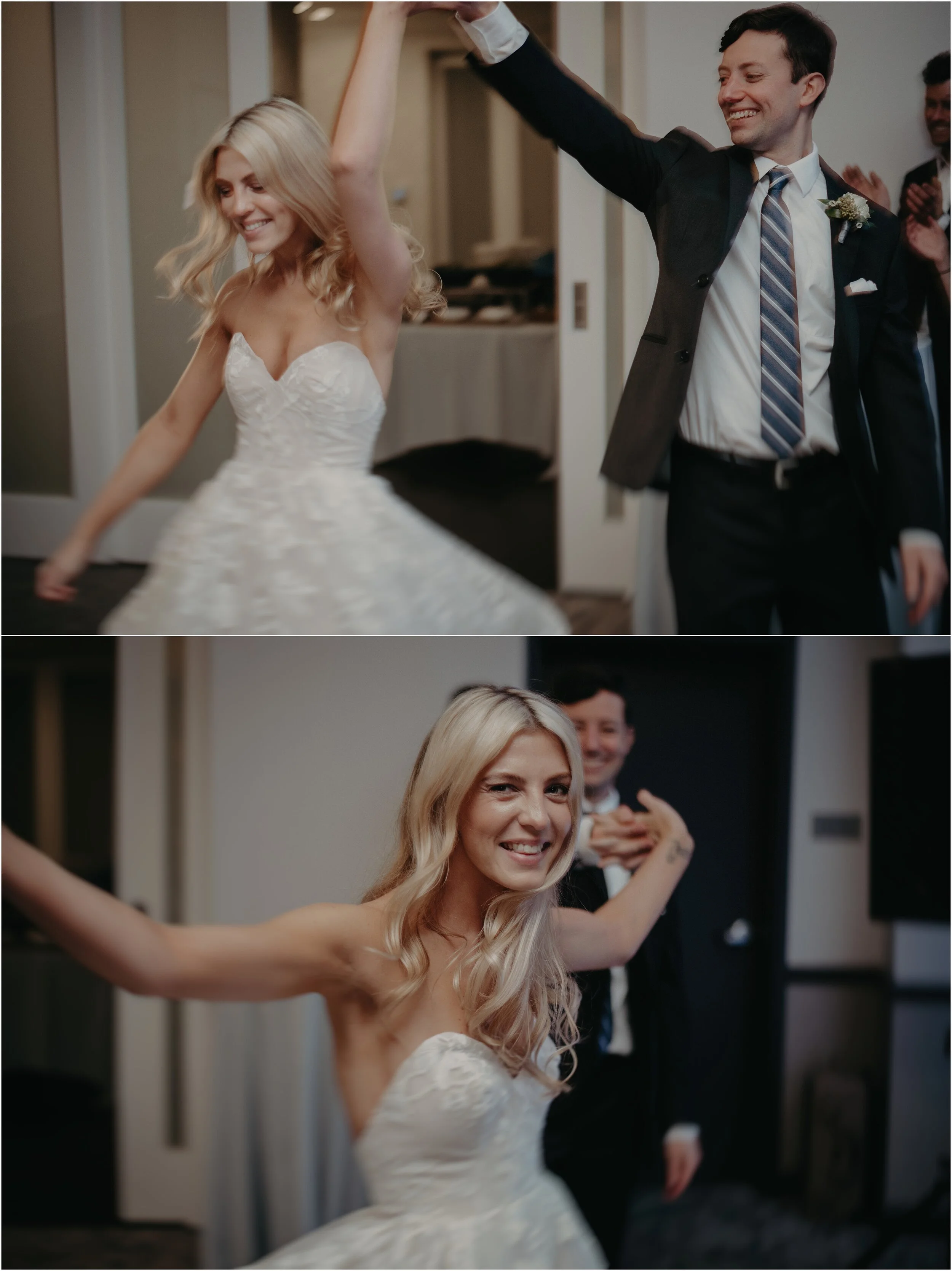 Instead of flashing directly at this bride and groom, we bounced the flash off the ceiling with an intentional slow shutter. It fills the scene but still allows a soft blur to the movement in the bride’s hair and gown during this wedding reception at The Edwin Hotel in Chattanooga, Tennessee