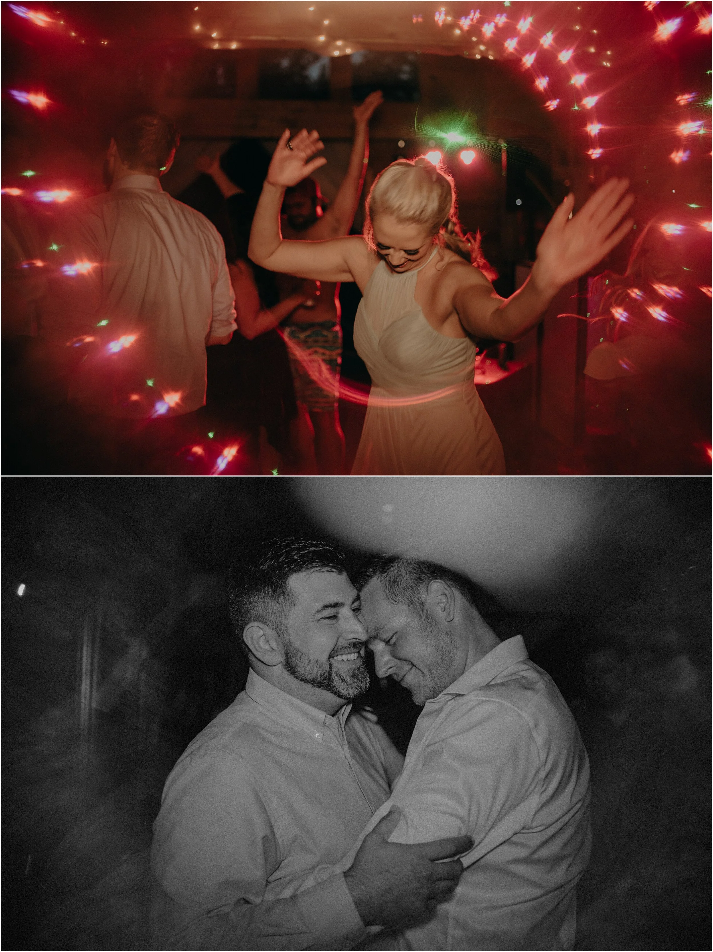 Using a video light allows us to use prisms effectively as we can see where to guide them to reflect light around wedding guests like at this wedding at Parkside Resort in Gatlinburg, TN.