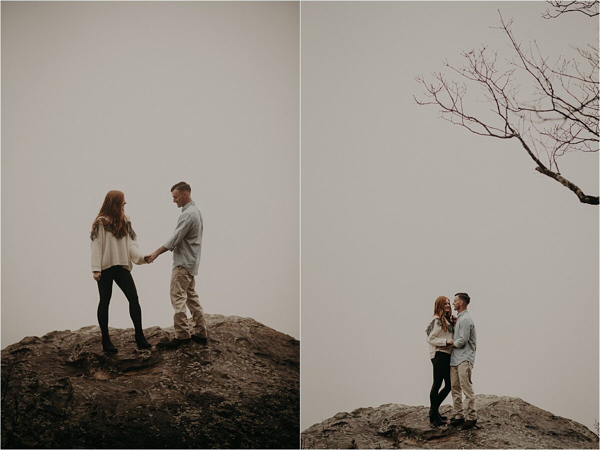 White out conditions for this foggy mountaintop engagement session in Tennessee