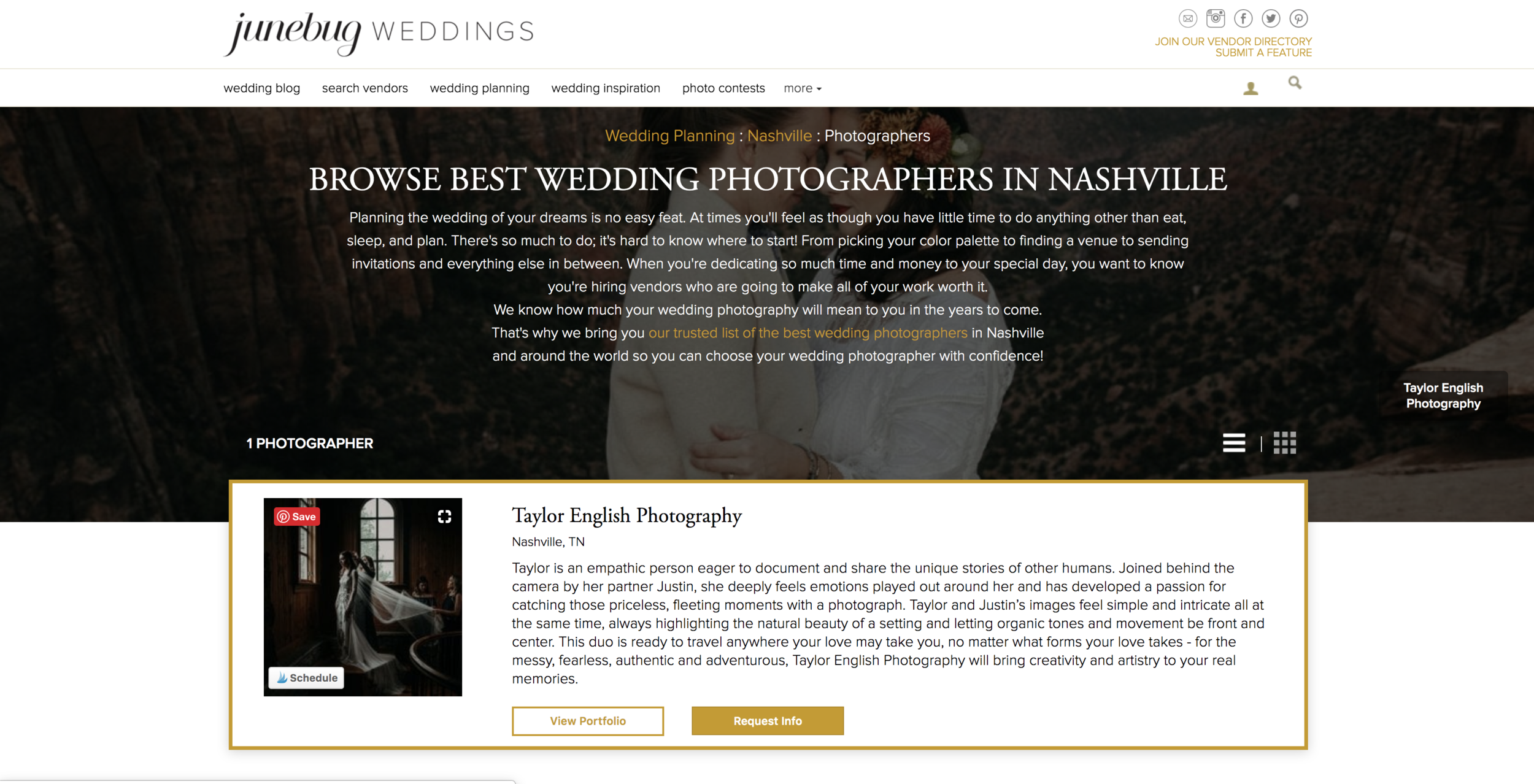 Taylor English Photography is the number one featured wedding photographer in Tennessee and South Carolina on Junebug Weddings’ vendor directory list.