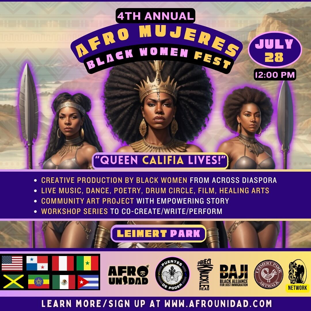 TWO IMPORTANT EVENTS FOR WOMEN!
Announcing our 4th Annual Afro Mujeres Fest in LA on July 28th with a special feature. This event unites Black women from across the diaspora for a day of culture, celebration, and healing in Leimert Park/South LA. Exp