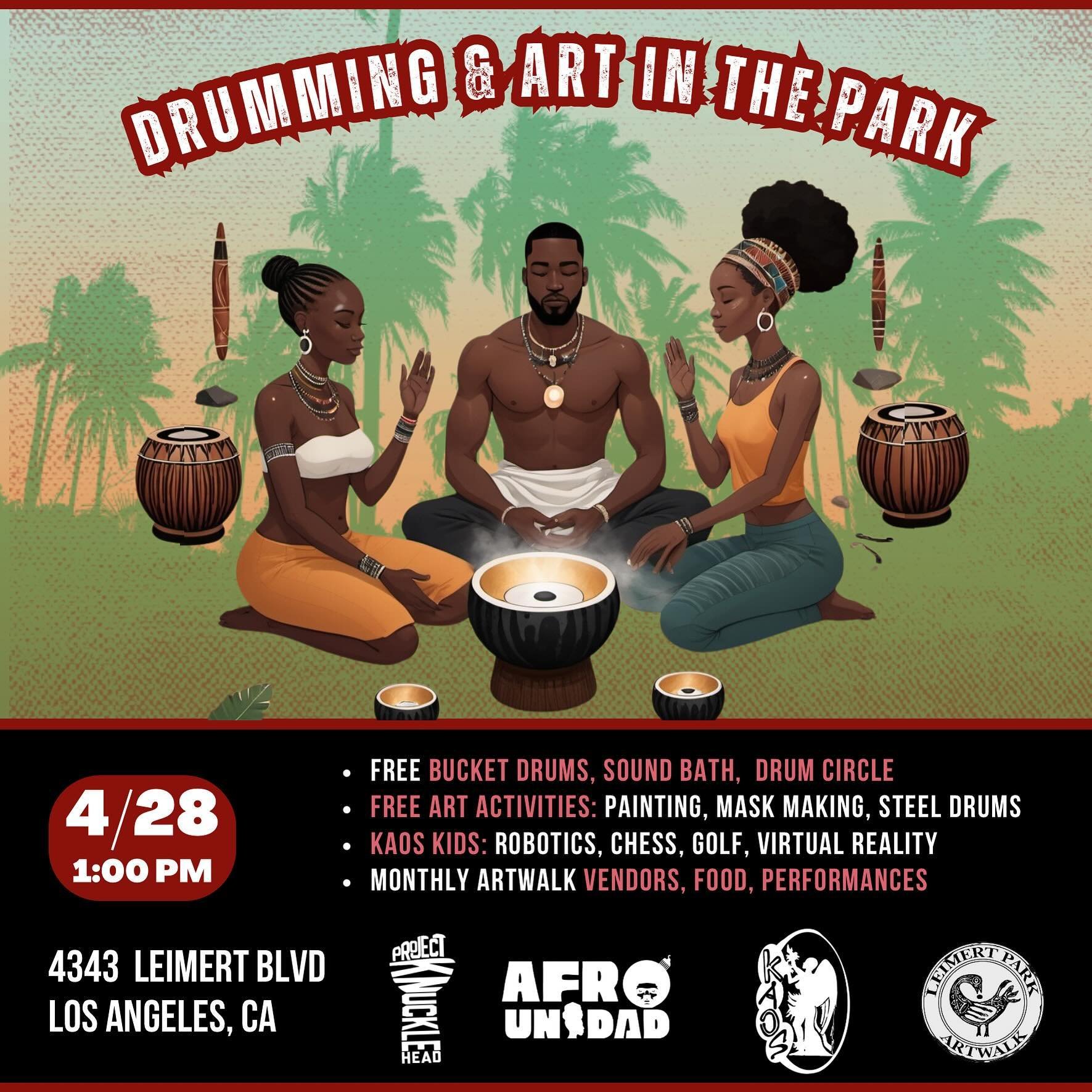 Join us Sunday at the #LeimertParkArtwalk for free art activities (Mask Making, Painting, Drawing), Bucket Drumming, Steel Pans/Vibration Drums, and a Sound Bath experience! We&rsquo;ll be in front of the @kaosnetworkz. The monthly artwalk features p