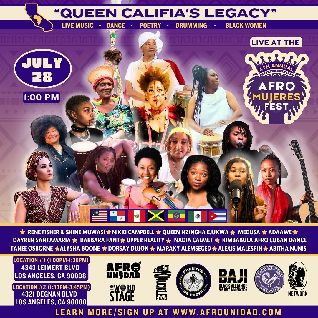 Join us for our 4th Annual Afro Mujeres Fest on July 28th! This event unites Black women from across the diaspora for a day of culture, celebration, and healing in Leimert Park/South LA. Experience the richness of Afro culture with performances and m