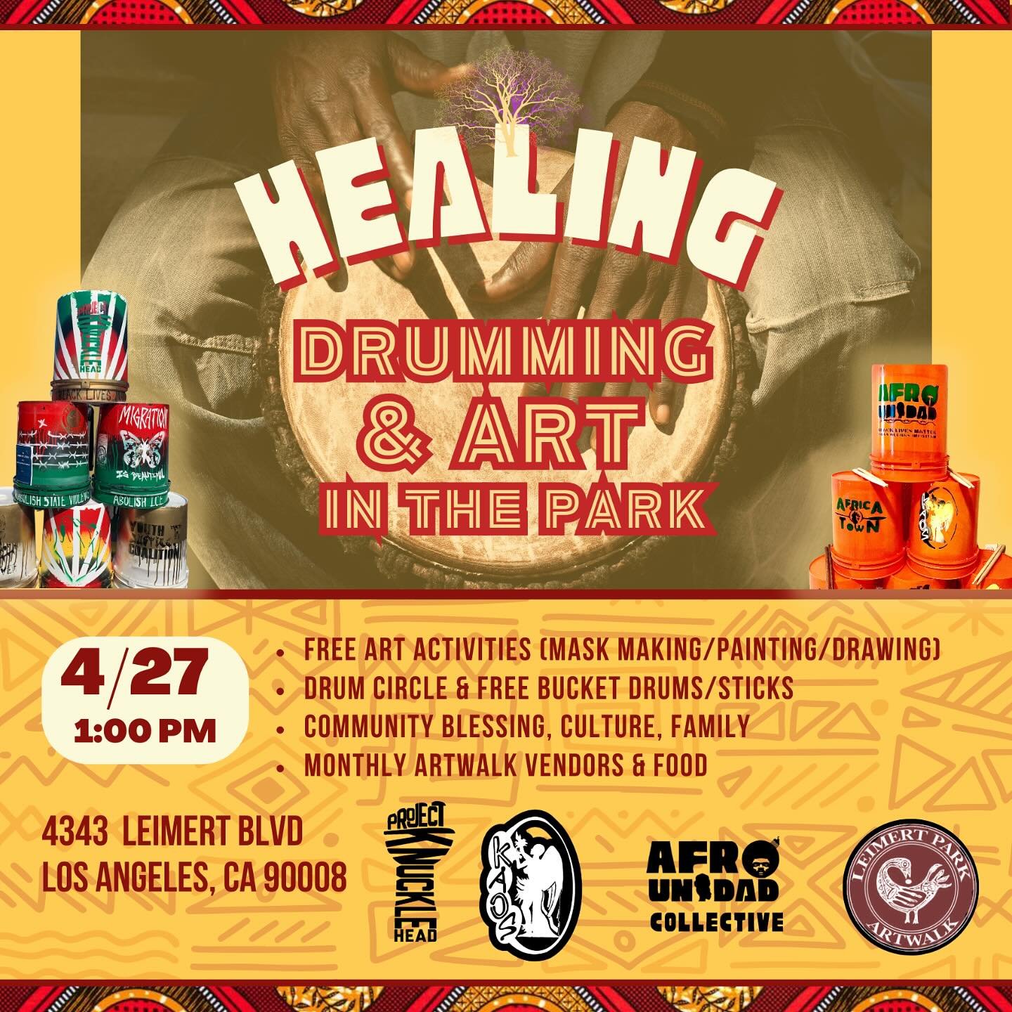 Join us this Sunday April 27 at the #LeimertParkArtwalk for Mask Painting creative vibes! We offer free art activities (Painting, Mask Making, Drawing), Bucket Drumming, and more in front of the @kaosnetworkz. The monthly artwalk features performance