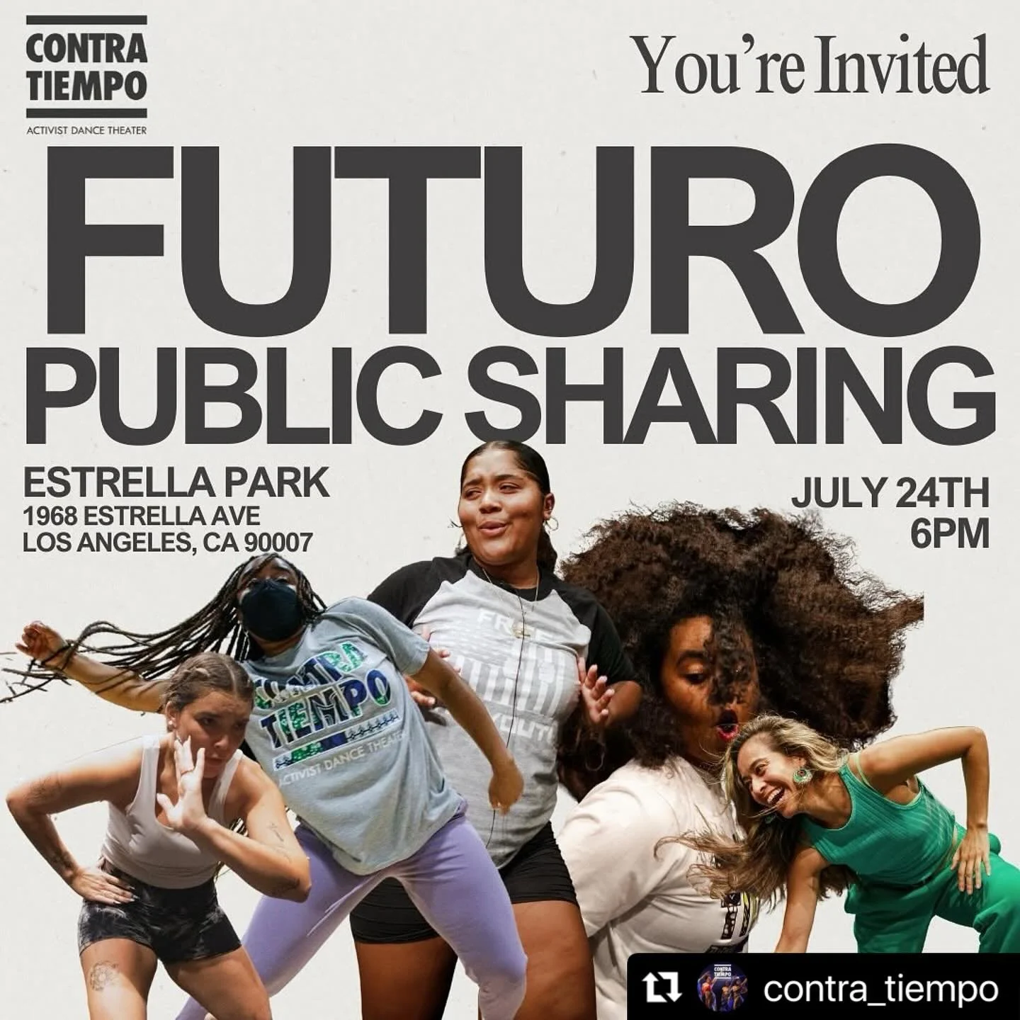 Come out for this magical performance showcase by @contra_tiempo featuring @myaed.wards &amp;  @drknucklehead_esq  who participated in the FUTURO dance intensive. #Repost @contra_tiempo
・・・
&iexcl;Est&aacute;s invitado a FUTURO Summer Dance Intensive