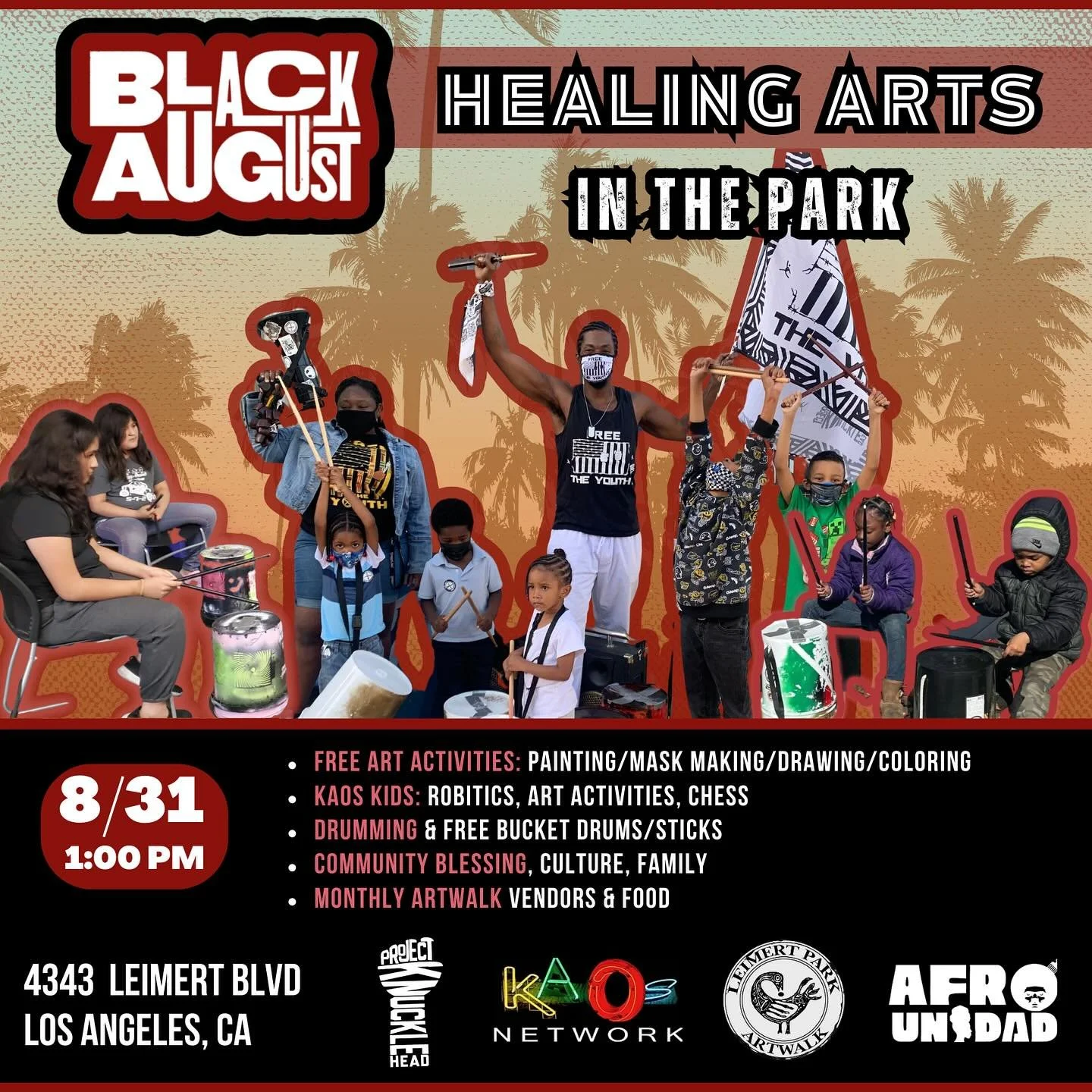 Join us on August 31st at the #LeimertParkArtwalk to commemorate Black August with healing arts in the park. We offer free art activities (Painting, Mask Making, Drawing), Bucket Drumming, and more in front of the @kaosnetworkz. The monthly artwalk f