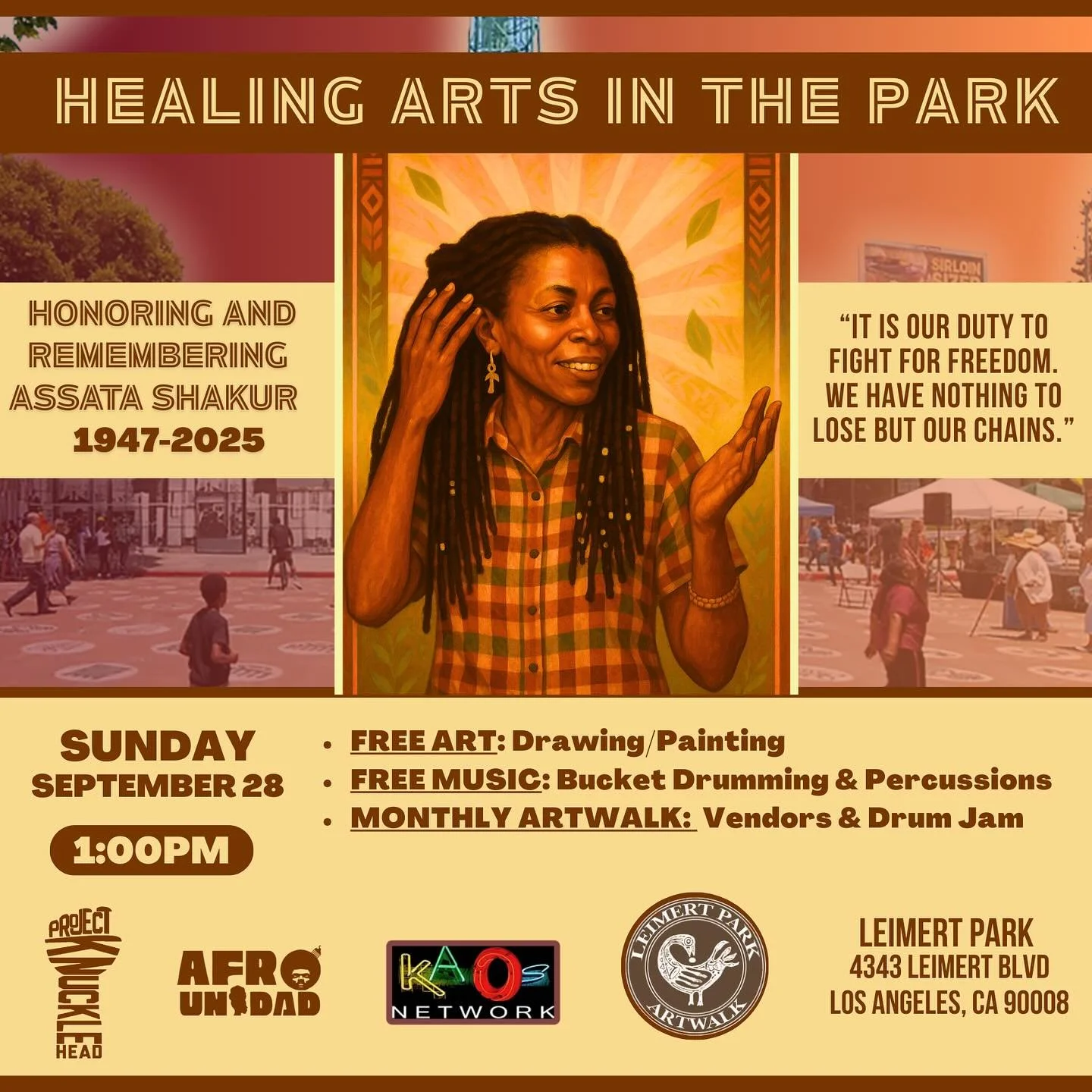 Join us on September 28th at the #LeimertParkArtwalk for healing arts in the park. We&rsquo;ll be gathering in honor and memory of legendary freedom fighter Assata Shakur. We offer free art activities (Painting, Mask Making, Drawing), Bucket Drumming