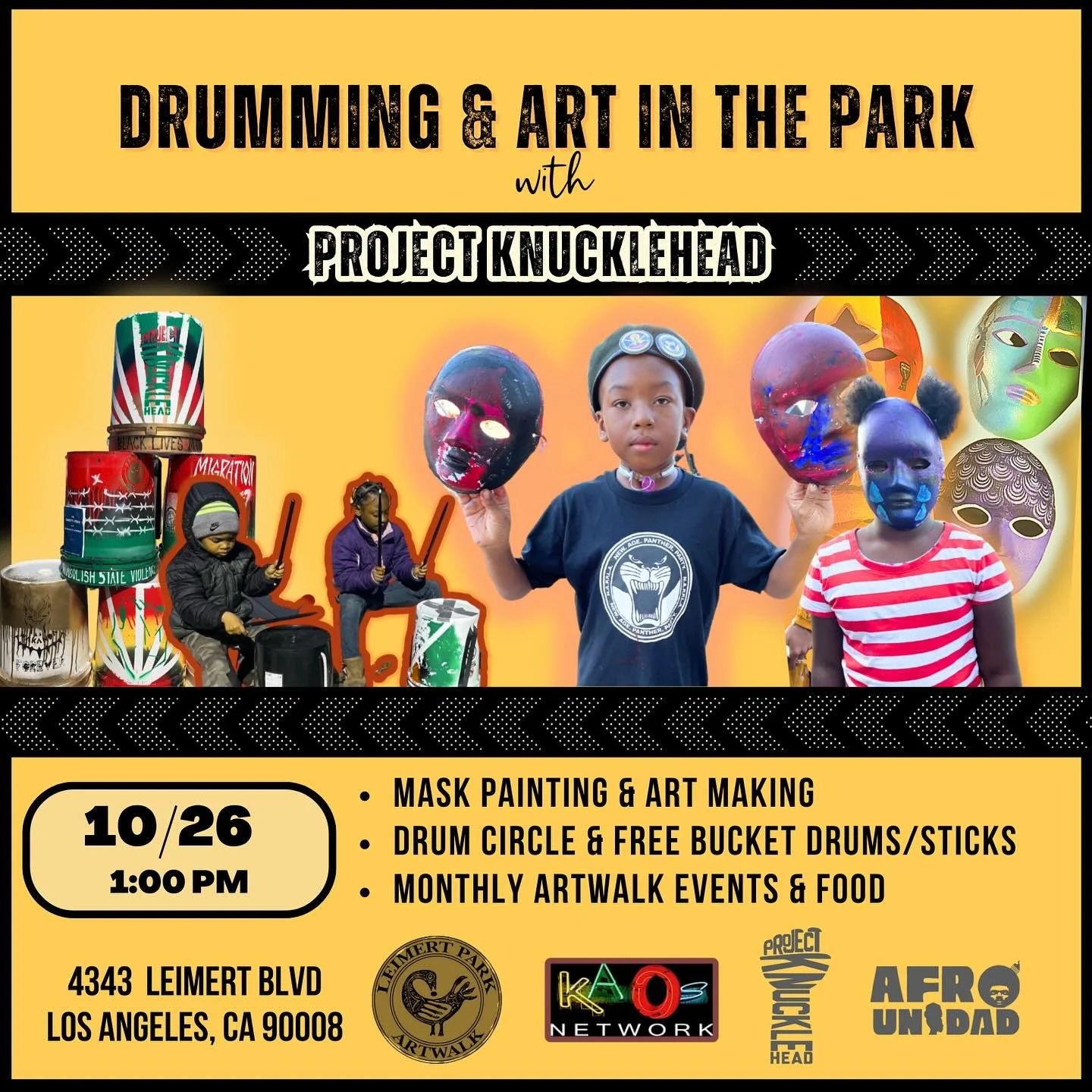 Join us on Saturday October 26th for drumming and art-making in the park in LA. We’ll be in Leimert Park/ AfricaTownLA near the @kaosnetworkz with @kaoskidslp. We’re offering free art activities (Painting, Mask Making, Drawing) and more w