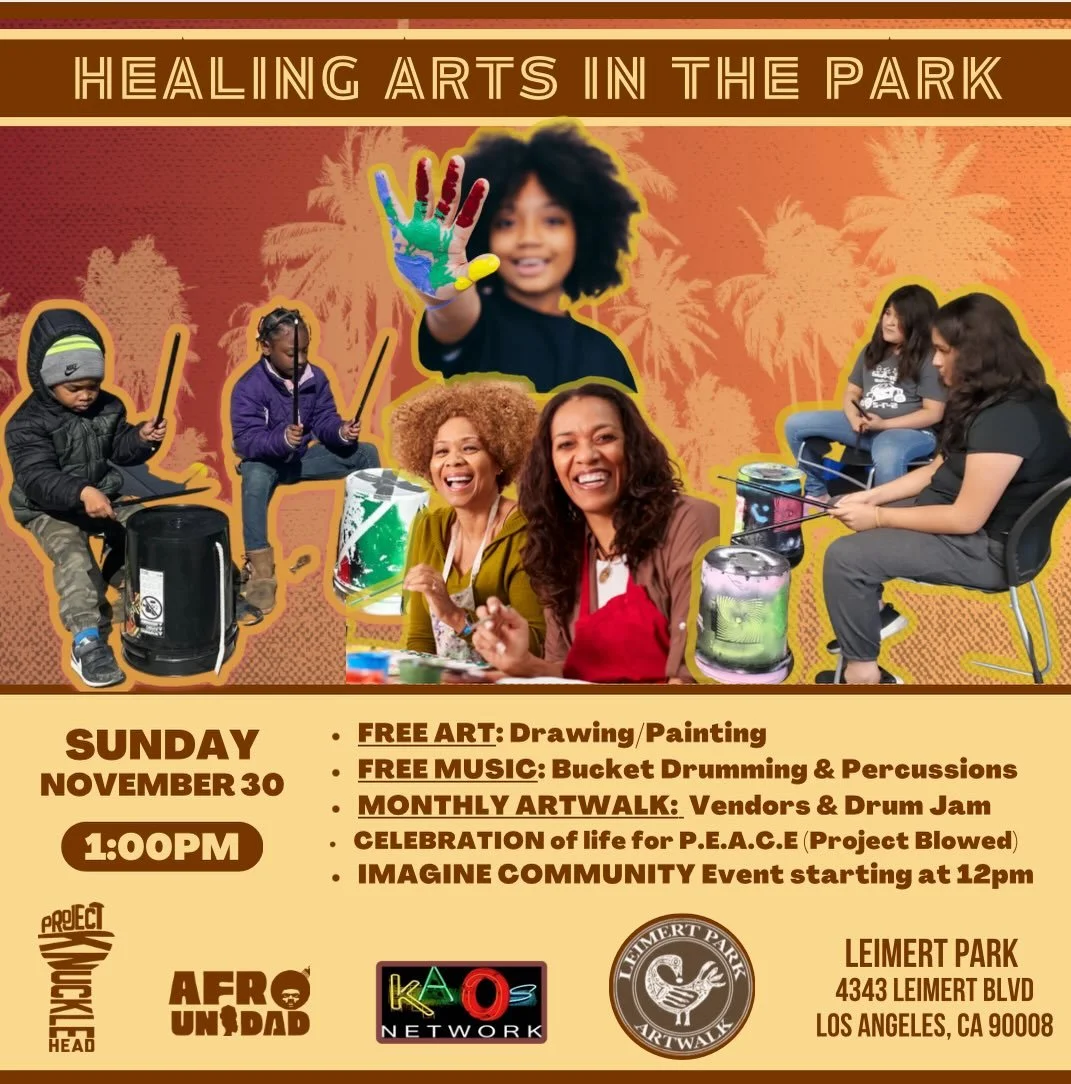 Join us on Sunday November 30th for drumming and art-making in the park in LA. We&rsquo;ll be in Leimert Park/ AfricaTownLA near the @kaosnetworkz with @kaoskidslp. We&rsquo;re offering free art activities (Painting, Mask Making, Drawing) and bucket 