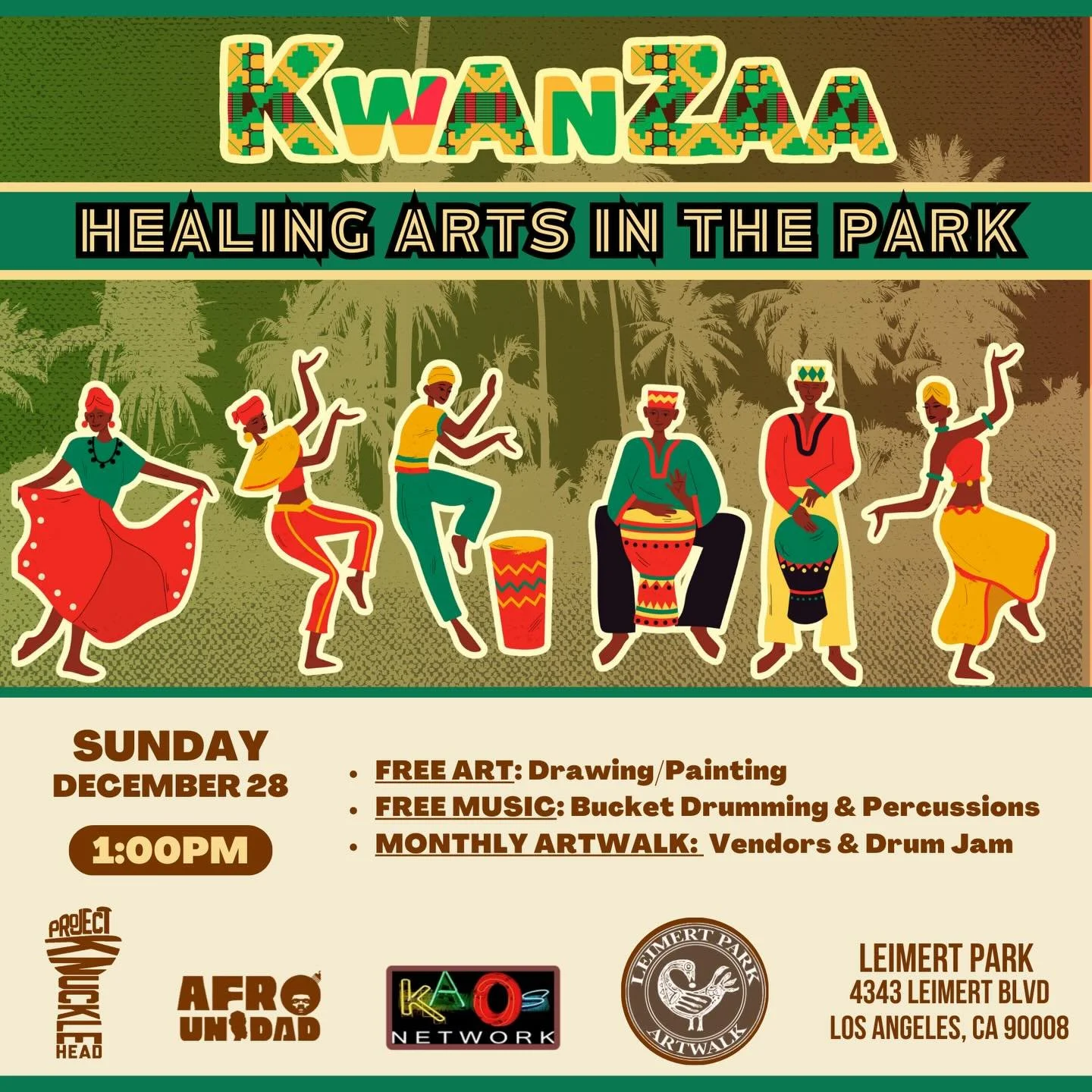 Join us on Sunday, December 28th for drumming and art-making in the park in LA. It&rsquo;s Kwanzaa and we&rsquo;ll be in Leimert Park/ AfricaTownLA near the @kaosnetworkz with @kaoskidslp. We&rsquo;re offering free art activities (Painting, Mask Maki