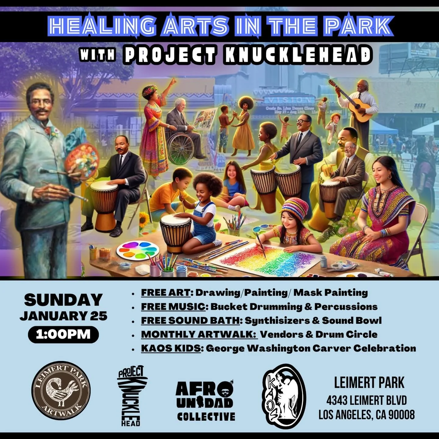 Join us on Sunday at the #LeimertParkArtwalk for Mask Painting creative vibes! We offer free art activities (Painting, Mask Making, Drawing), Bucket Drumming, a Sound Bath, and more in front of the @kaosnetworkz. The monthly artwalk features performa