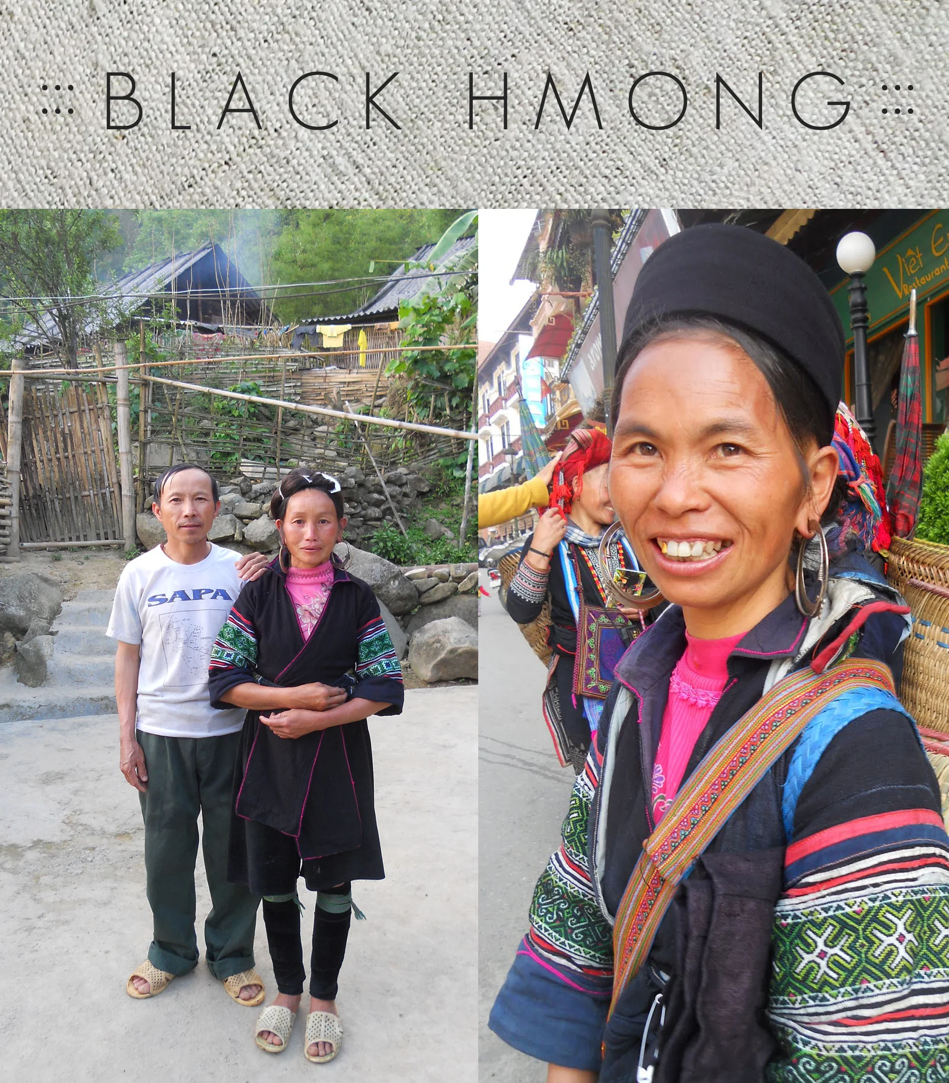 B L A C K H M O N G - Vietnam / who + where / The Black Hmong are a subgroup of the Hmong hill tribe and are located in the northwest of Vietnam. They are based mainly around the Sa Pa district which is located in the Lao Cai province. They make up one of the 54 ethnic groups of Vietnam and of the six Hmong groups in Vietnam. / textiles + dress / The Black Hmong are known for their traditional deep indigo colours on hemp. They are also known for their symbolic emboirdery and batik techniques which are usually found on their sleeves and collars of jackets and belts. Women wear their clothing by wearing jackets with a belt, black velvet ribbon around legs, hats and elaborate silver jewellery.