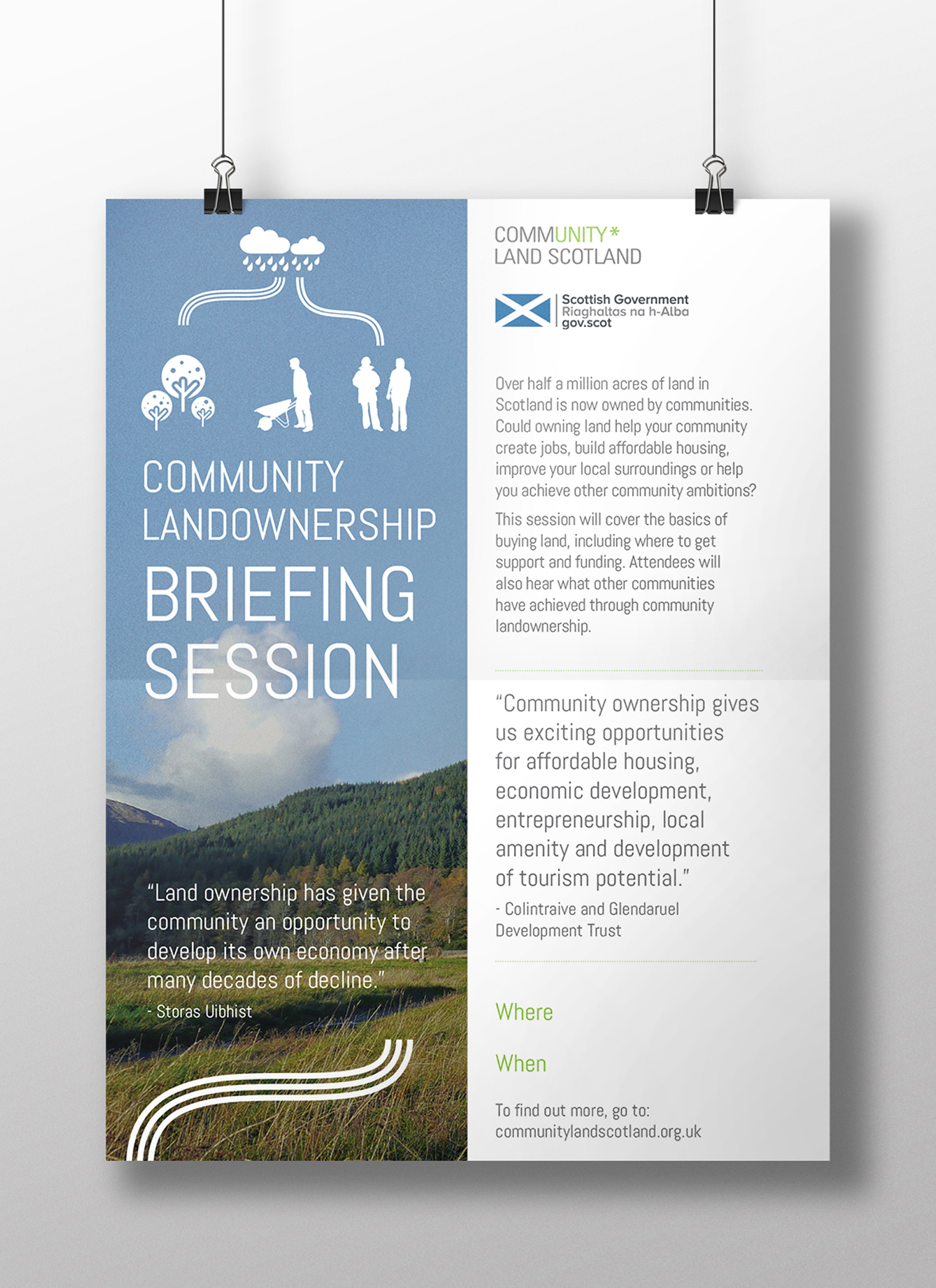 Working within Community Land Scotland’s brand guidelines, the design of the materials reflected the deep links between people and their land.