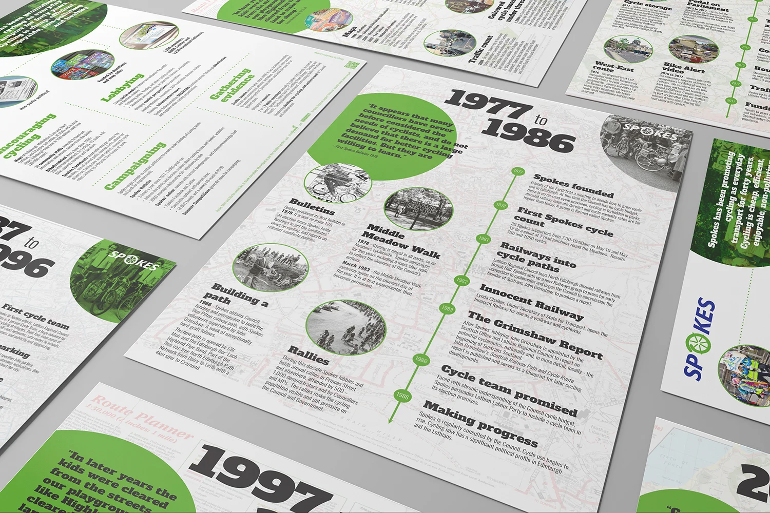 We helped summarise their history in the form of a creative timeline on 6 informative boards and thus explored the wider history of cycling in Edinburgh on these large-format, striking posters.