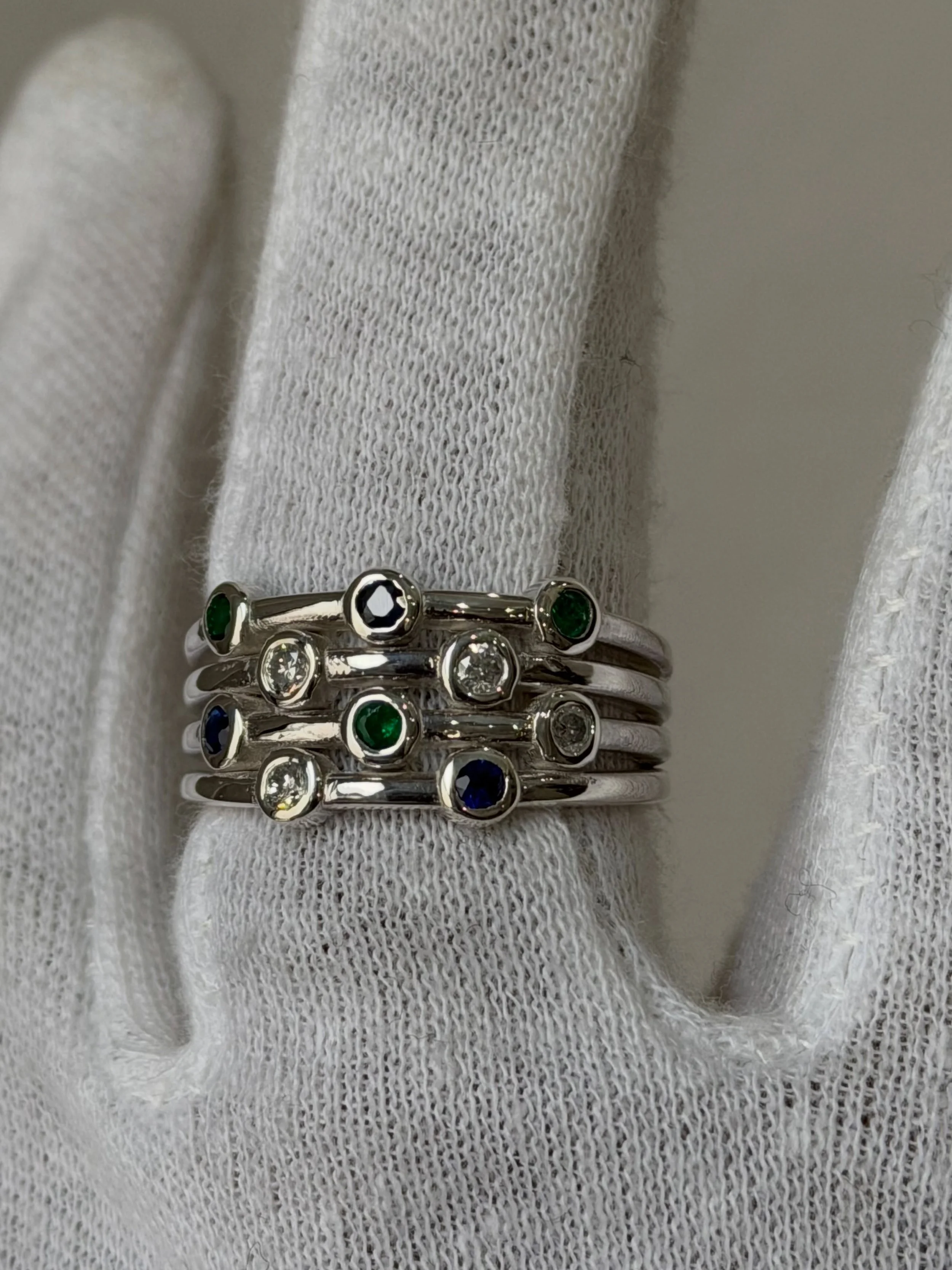 A little color, a little sparkle, and a lot of personality.
Emeralds, sapphires and diamonds set in white gold, designed to stack, mix and make your own. Fine jewelry should be playful! 💚💙✨ #charltonandlola #finejewelry