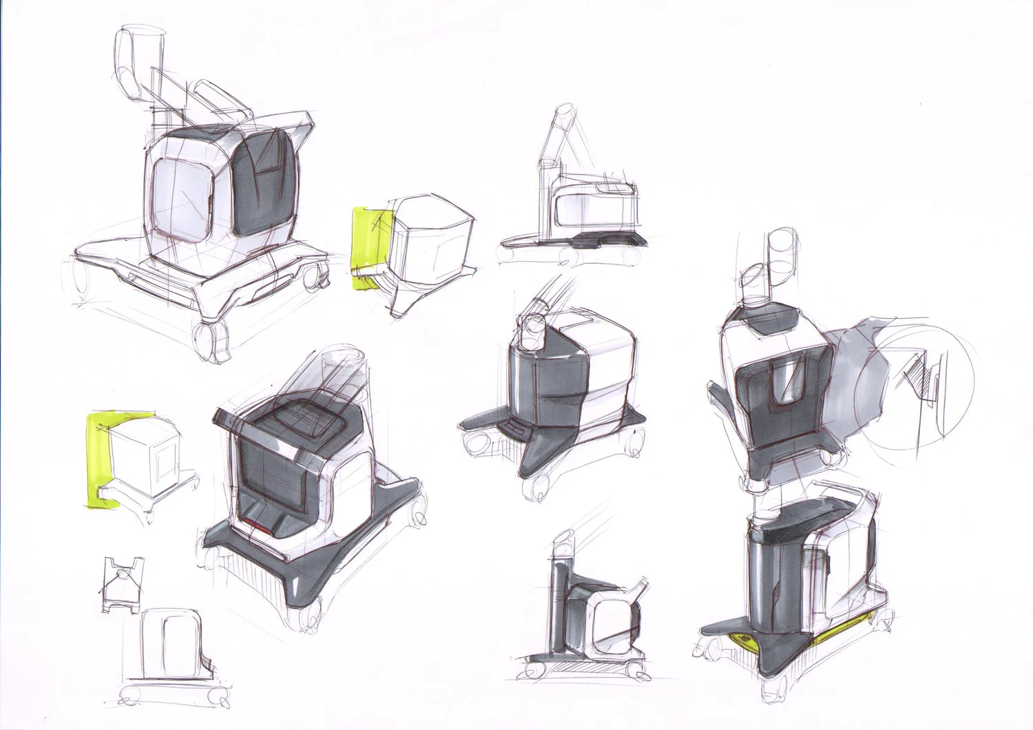  Early Ideation sketches emphasized on convenient robotic arm storage and housing option exploration.&nbsp; 