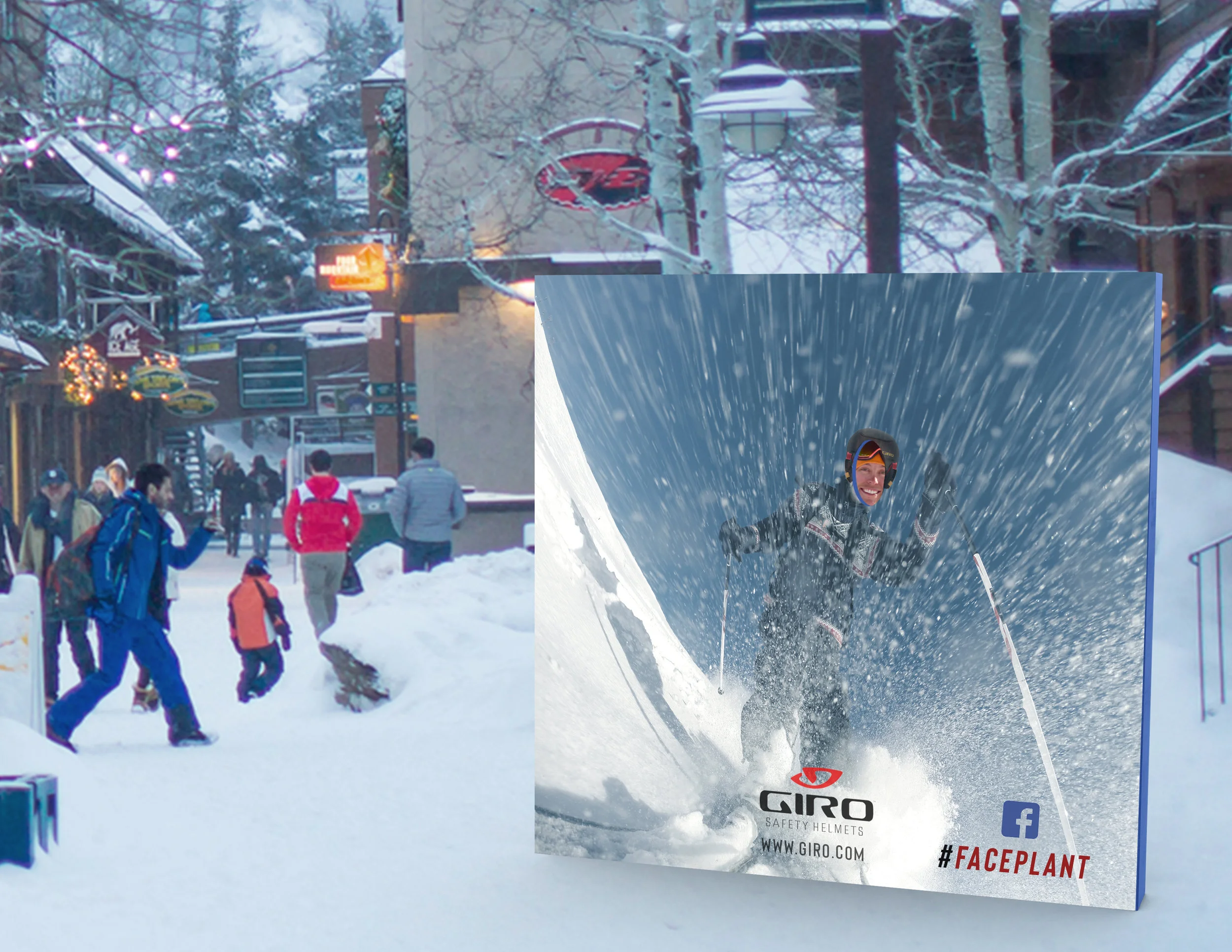 Face cutouts at ski resorts, cycling paths, mountain towns, and trailheads are a fun way for riders to put themselves in the moment of doubt with a Giro helmet. They can share the photos they take with #Faceplant.