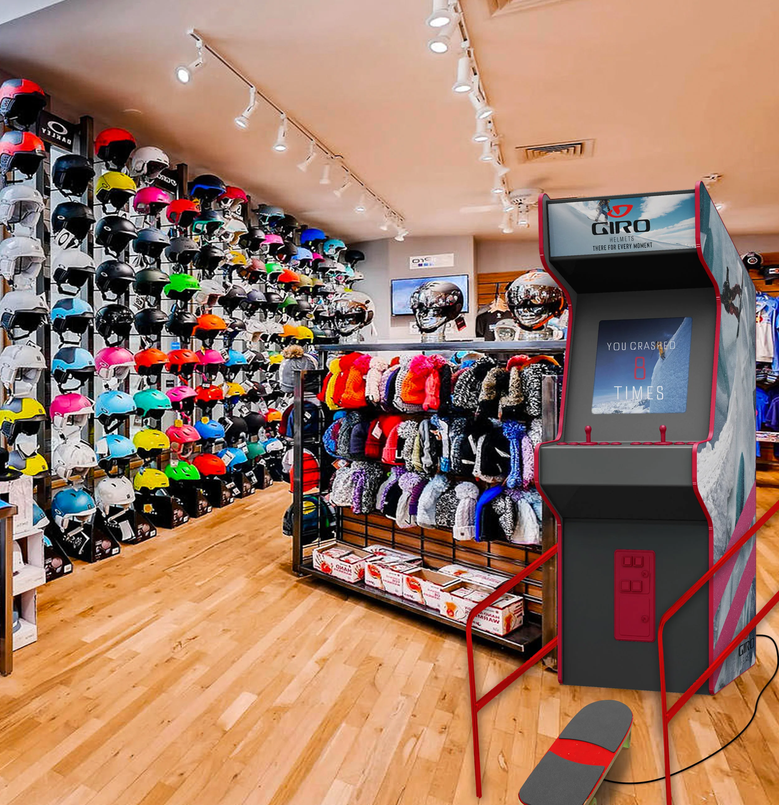 Arcade-style mountain biking and snowboarding games are placed in stores to put customers in the nerve-wracking situations they can expect in these sports. At the end of each game, customers see how many times they crashed and are given a CTA to buy a Giro helmet.