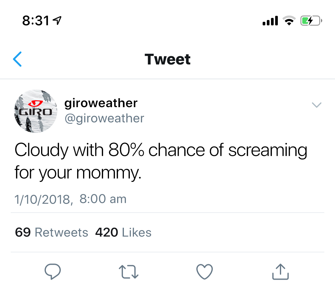 A Twitter campaign has Giro’s interpretation of weather forecasts based on what they mean for their customers.