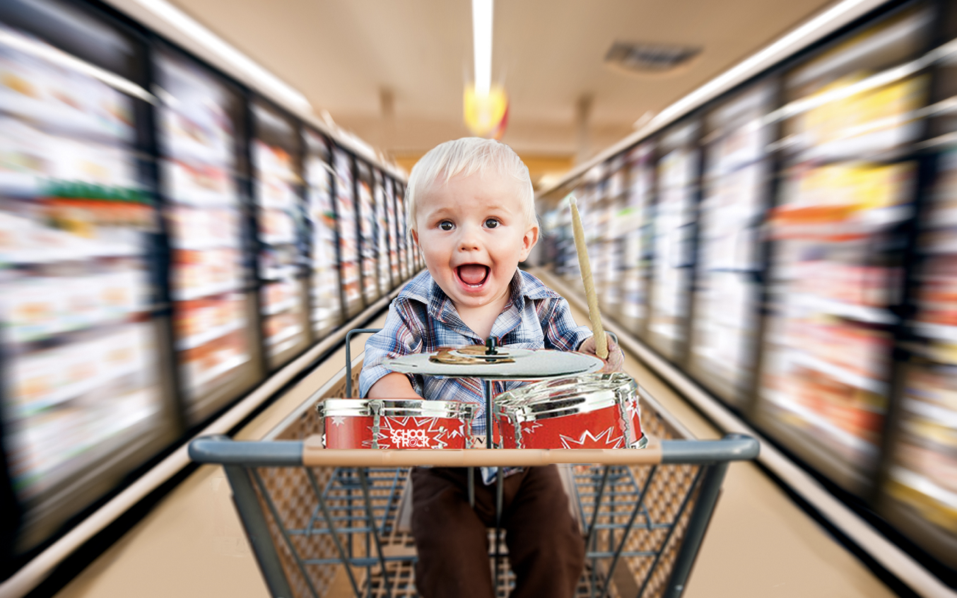 Kids can rock out while their parents shop with mini drum sets placed on grocery store carts.
