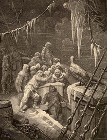 Engraving by Gustave Doré for an 1876 edition of the poem. "The Albatross," depicts 17 sailors facing an albatross on the deck of a wooden ship. Icicles hang from the rigging.
