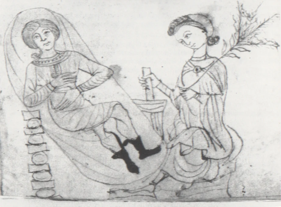 Pregnant woman receiving botanical abortifacient. Pseudo-Apuleius, Herbarium , 13th-century. 