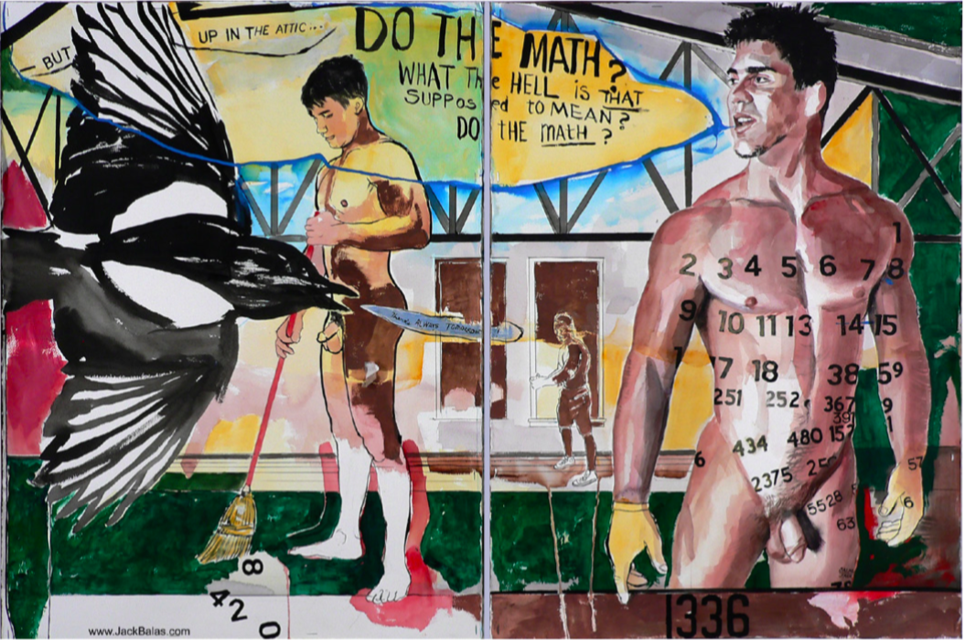 Do the Math , 30 x 45 in. Watercolor, ink and acrylic on two paper panels. 2016.