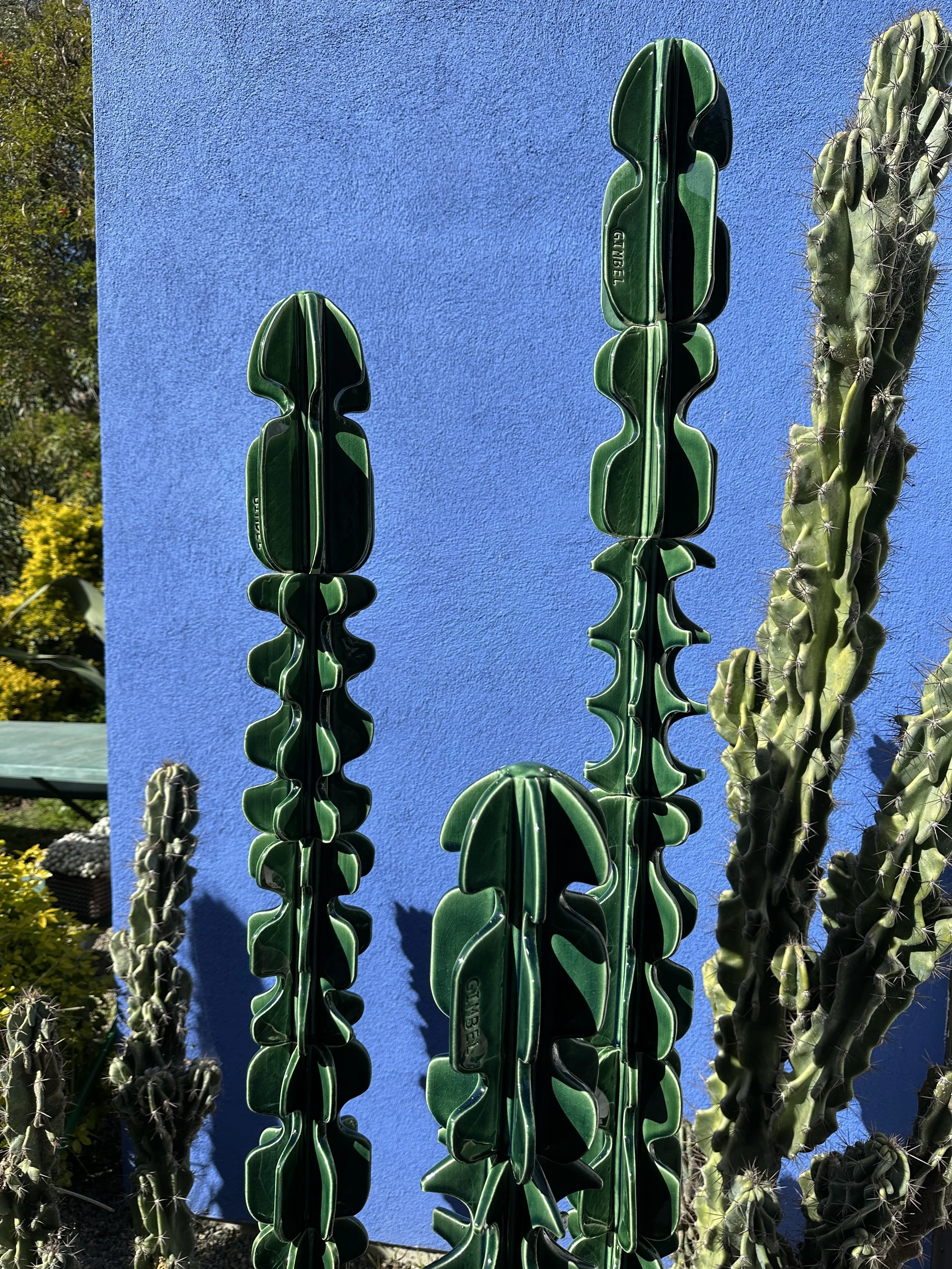 MONSTROSUS CACTUS TRIO in Emerald Green gloss glaze (for immediate shipping) WITH 24" METAL BASE