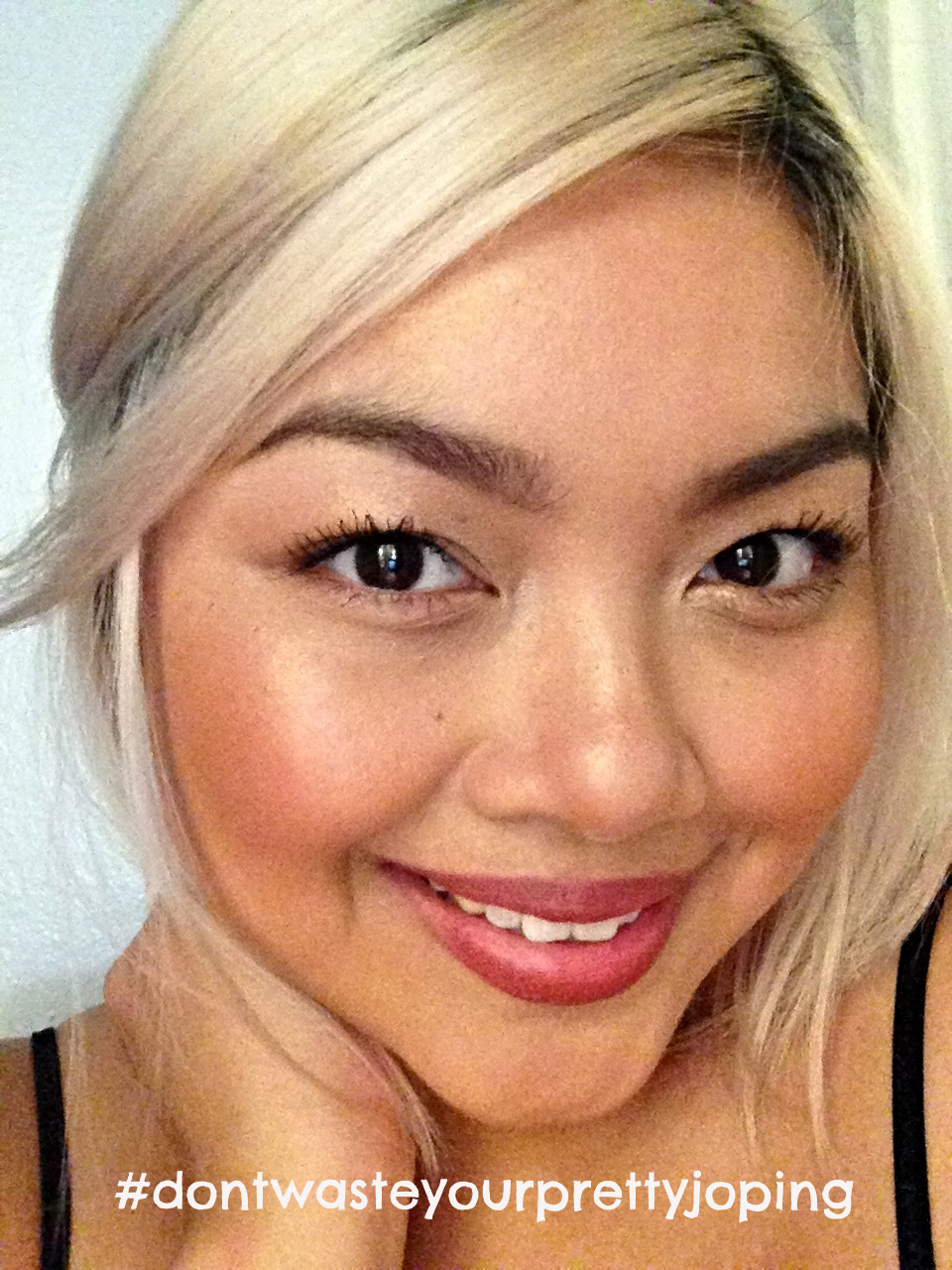 Sheer coverage with a dewy finish on the skin. Groomed brows and multiple coats of mascara with clean eyelids. Finished it off with a rose nude lipstick that was heavier on the rose shade than nude. 