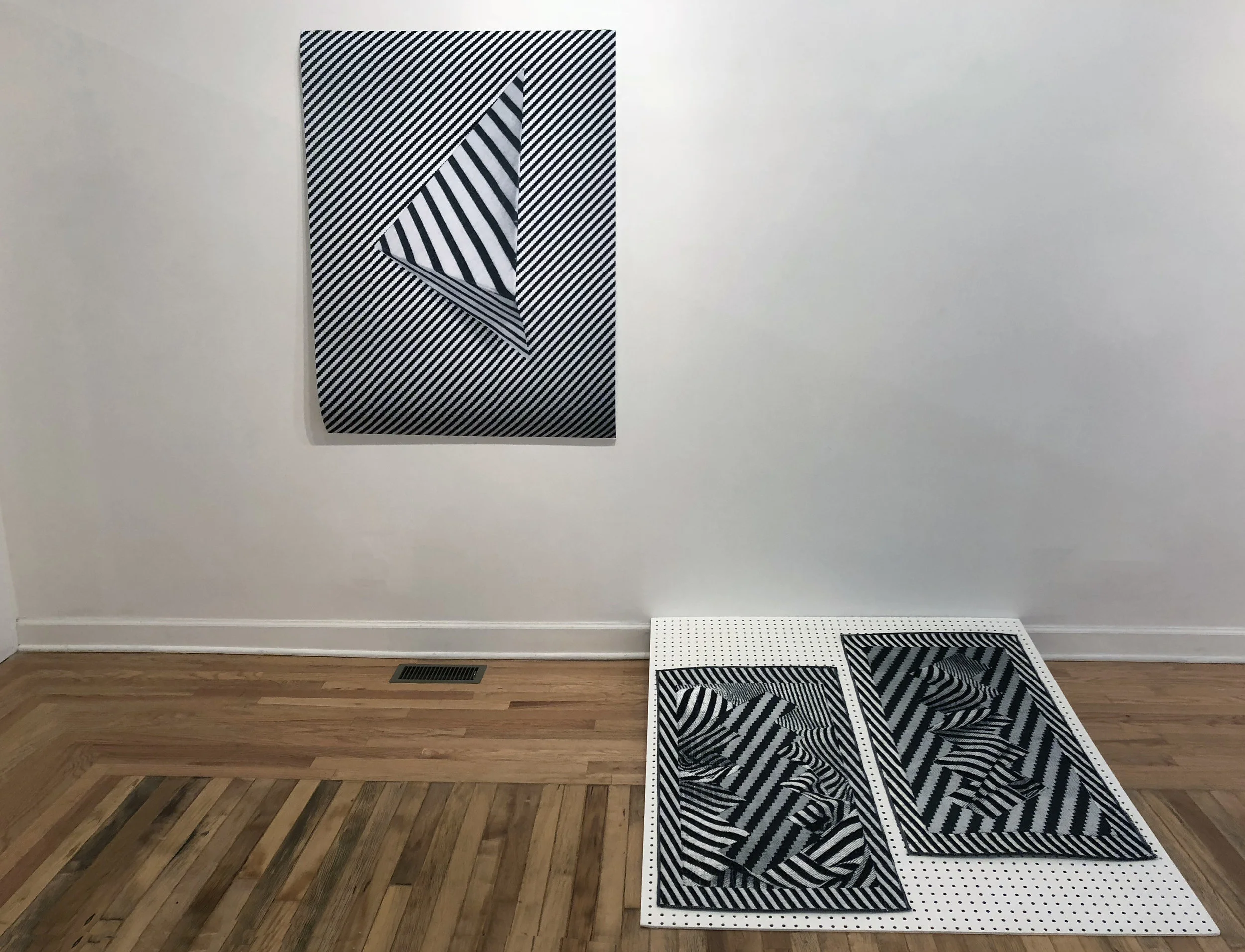 Left: Untitled, (triangle twills) 2018, digital print on archival paper, 36” x 48” Right: Net Values 1 , 2018, Net Values 2 , 2018, 21” x 42”, Cotton, paper, nylon, handwoven on TC-2 Loom