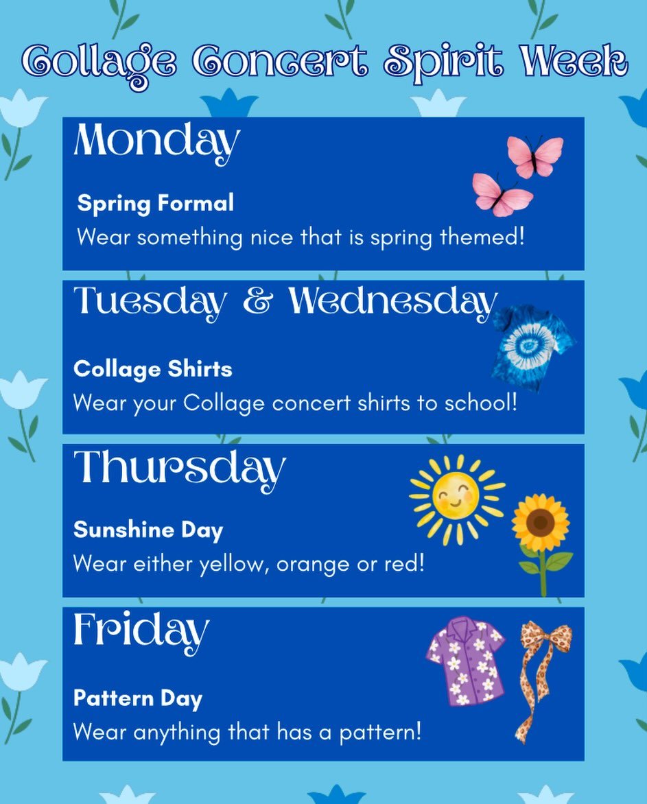 Get hype for Collage by participating in our spirit week! 🩵💙🤍
