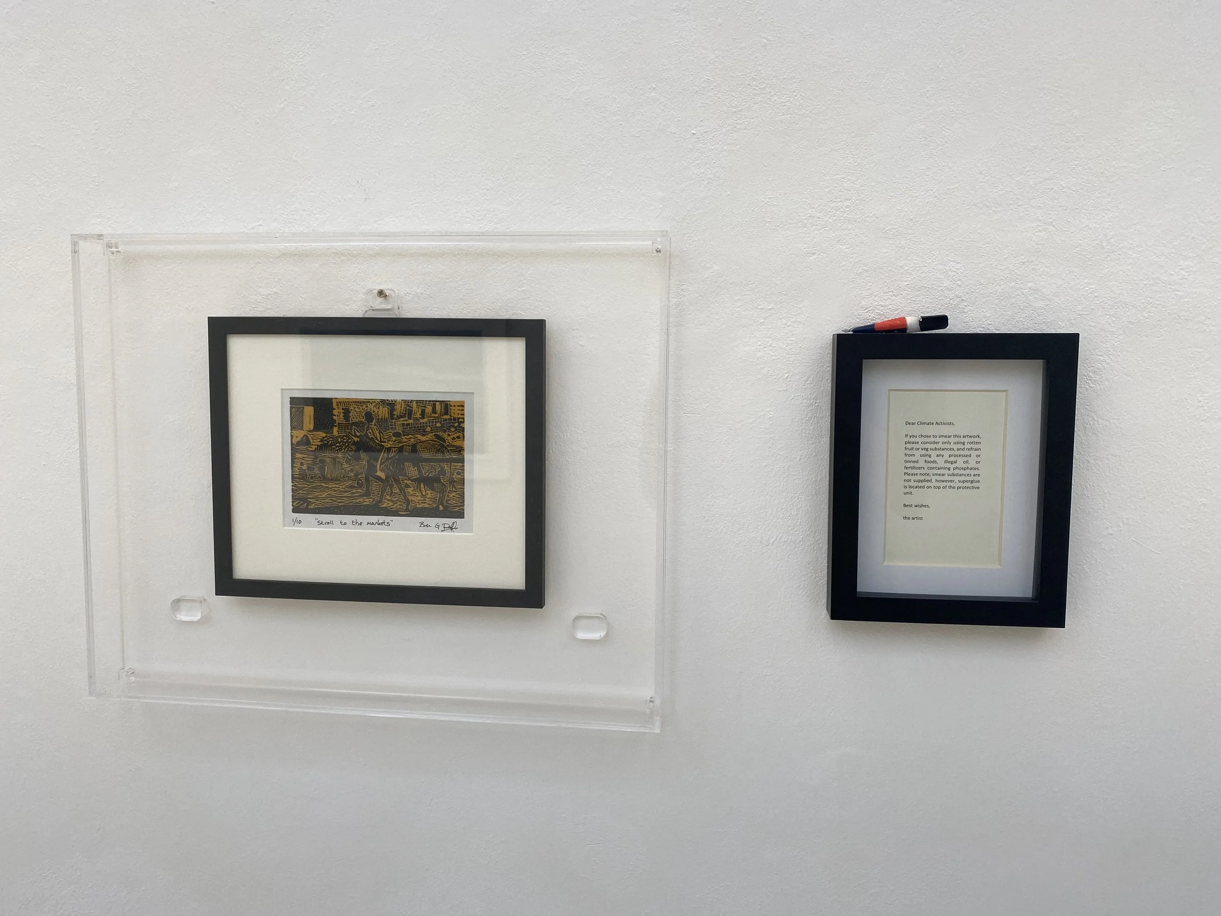 A Stroll to the Market, 2023.
Lino print framed in protection case with text and superglue. Varied size