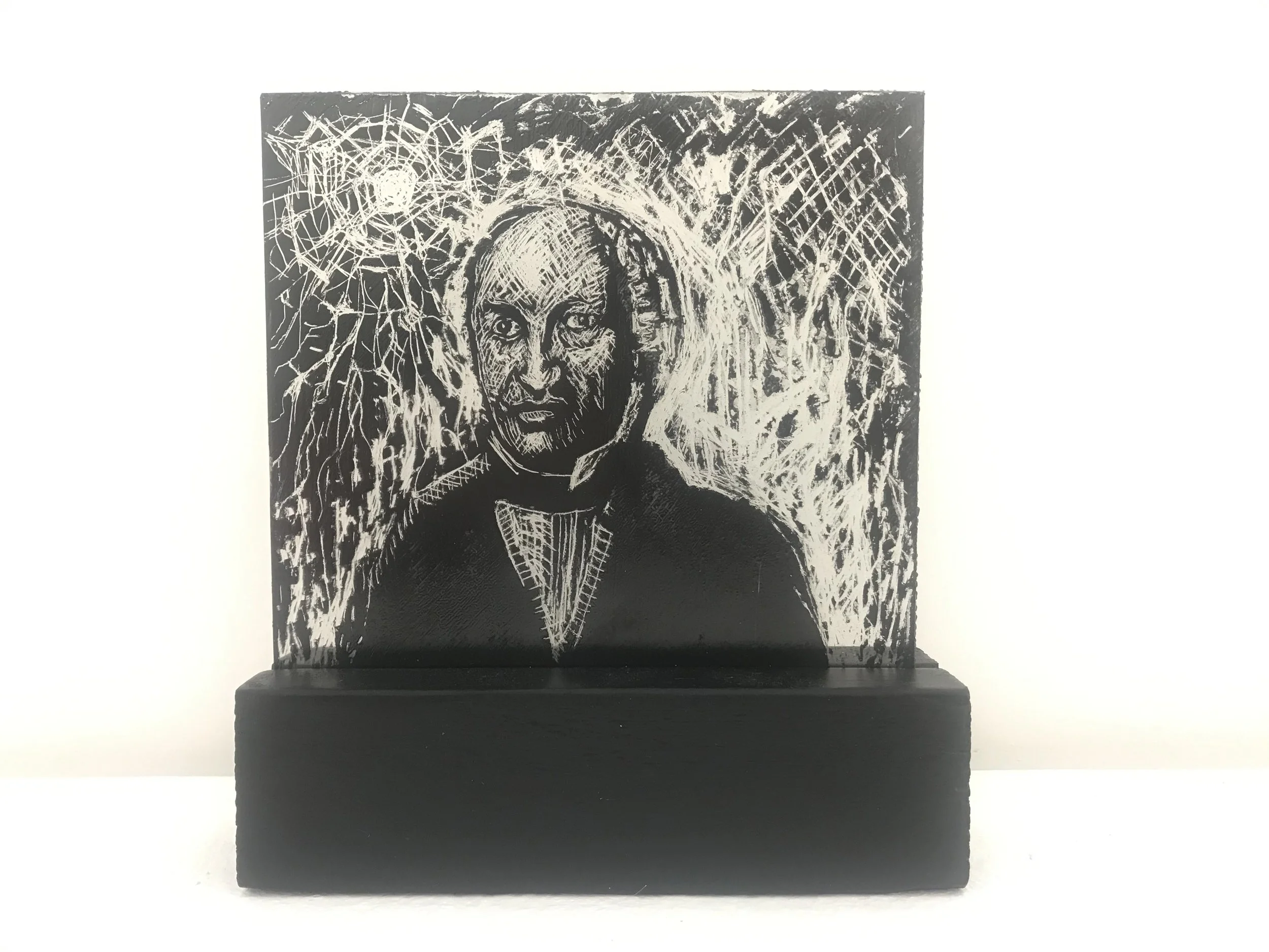 Monument to the Founder of Ireland's Rail Network, 2022.
Paint on glass in wood, 20cm x 20cm