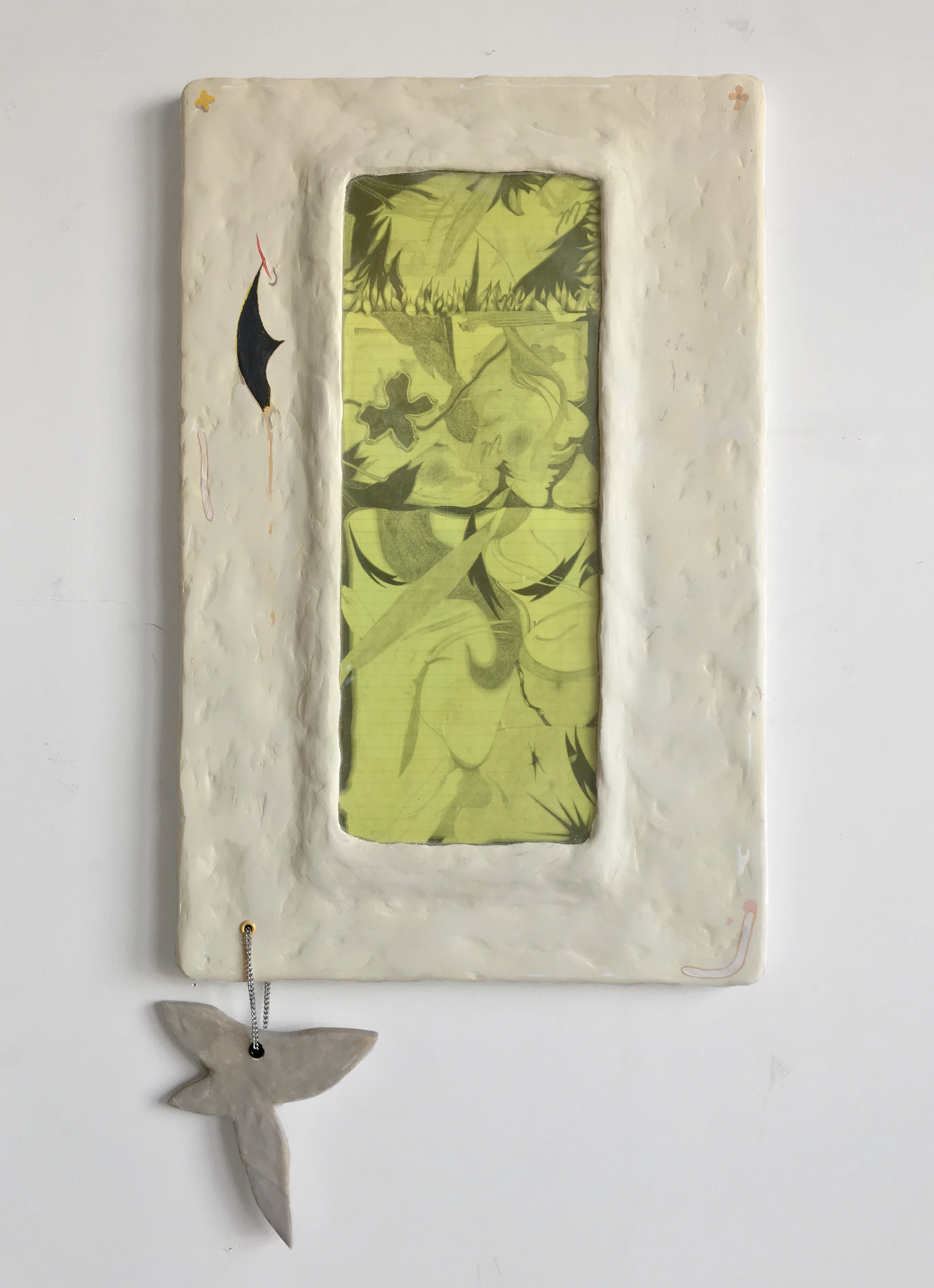 and she parts the edges | graphite, plexi, chain, acrylic and paperclay | 11.5 x 18 | 2019