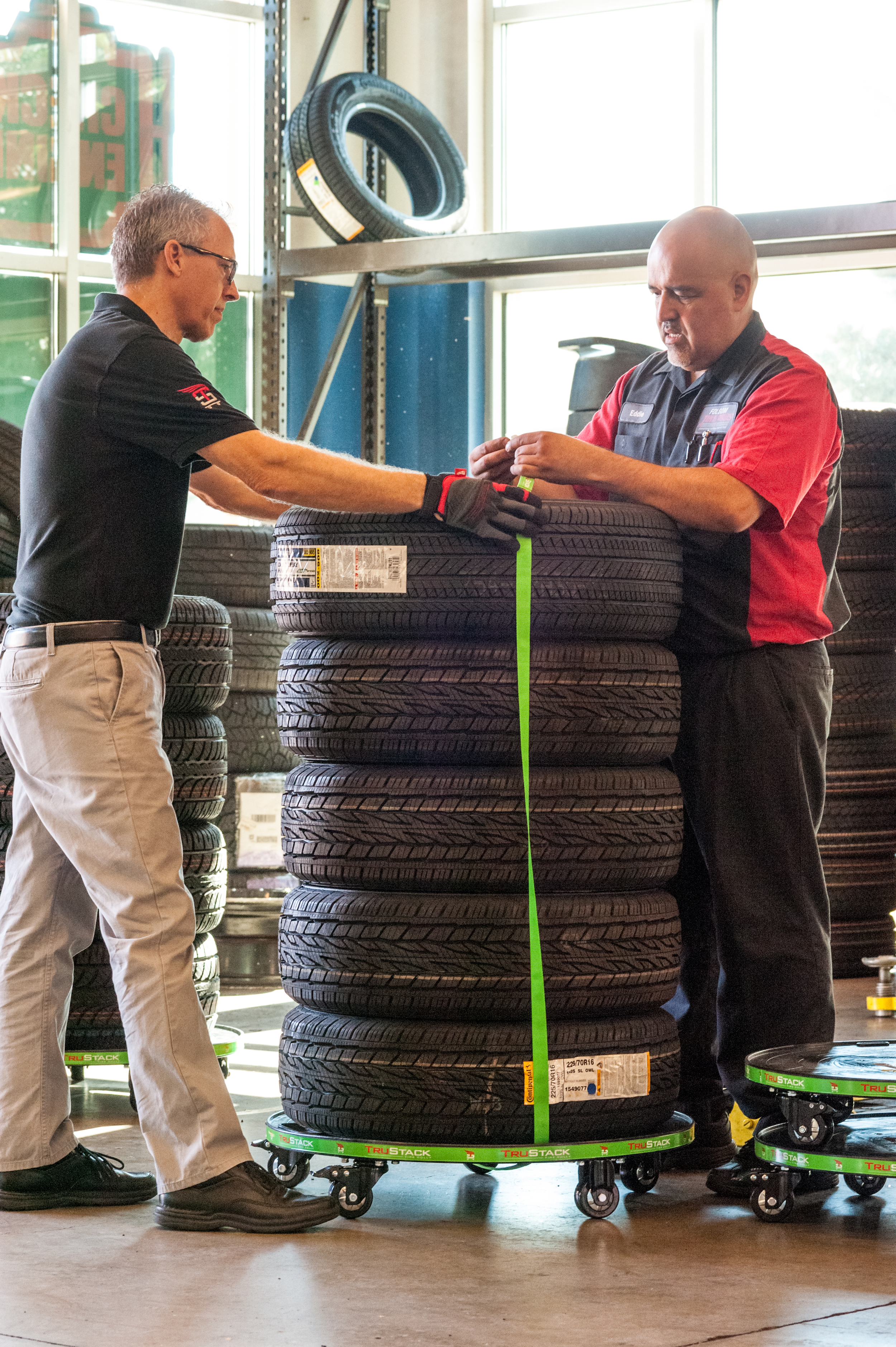 Tires can be strapped from the sides as well as the center. This allows the load to be well secured, especially if using them to support advertising "barrel stack" bags.