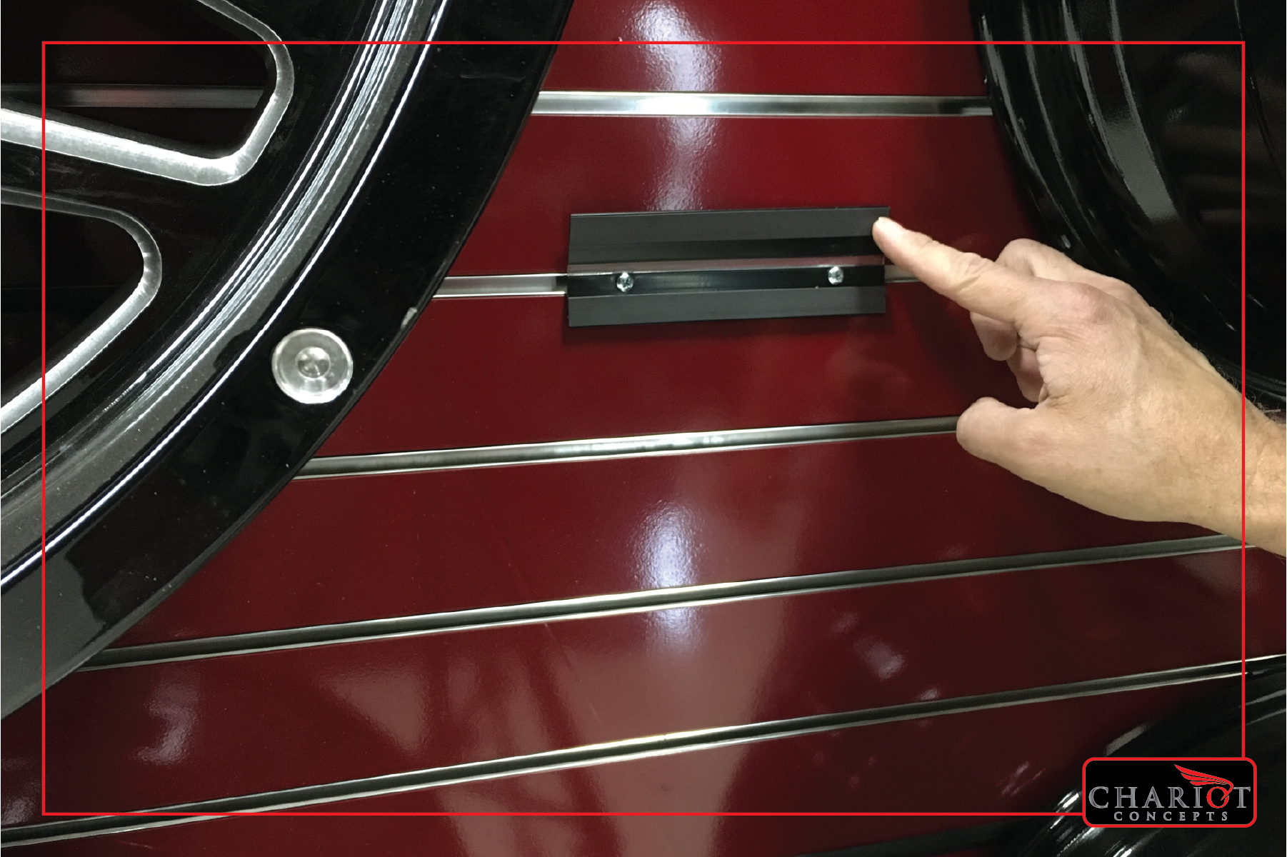 Two sizes of hardware kit allow semi-permanent attachment to reinforced slat-wall grooves as shown, or wider non-reinforced grooves. The 6" wide magnetic clasp can be removed when not in use, or left in place for repeated and easy quick-change environments.