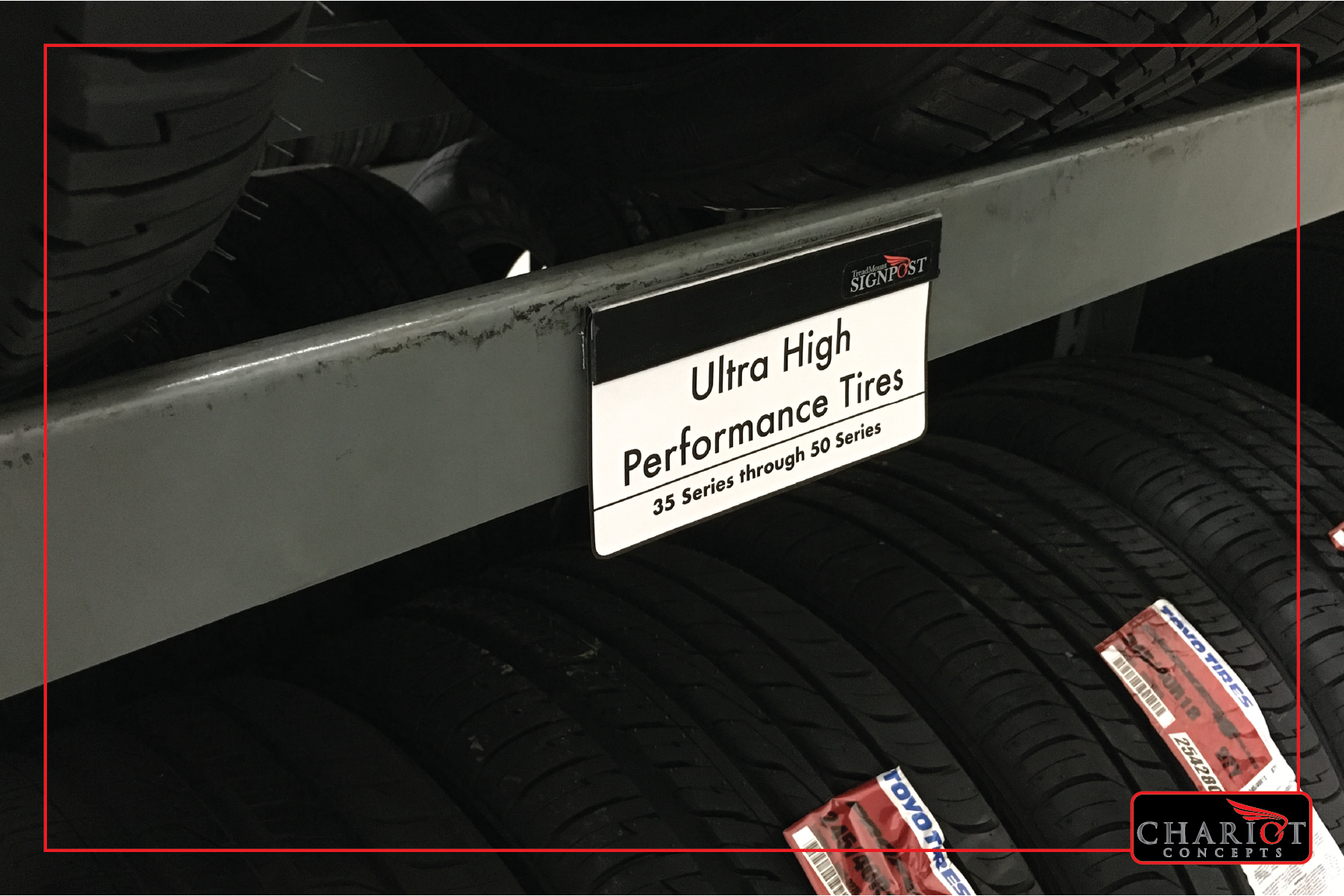 The Slat&Rack Signpost also works on tire racks! It attaches via its double-stick foam adhesive backing and provides a quick-change sign clamp for all kinds of purposes. Label sections of rack. Do you have a particular tire on sale? Place the ad in the clamp directly over the tires on sale!