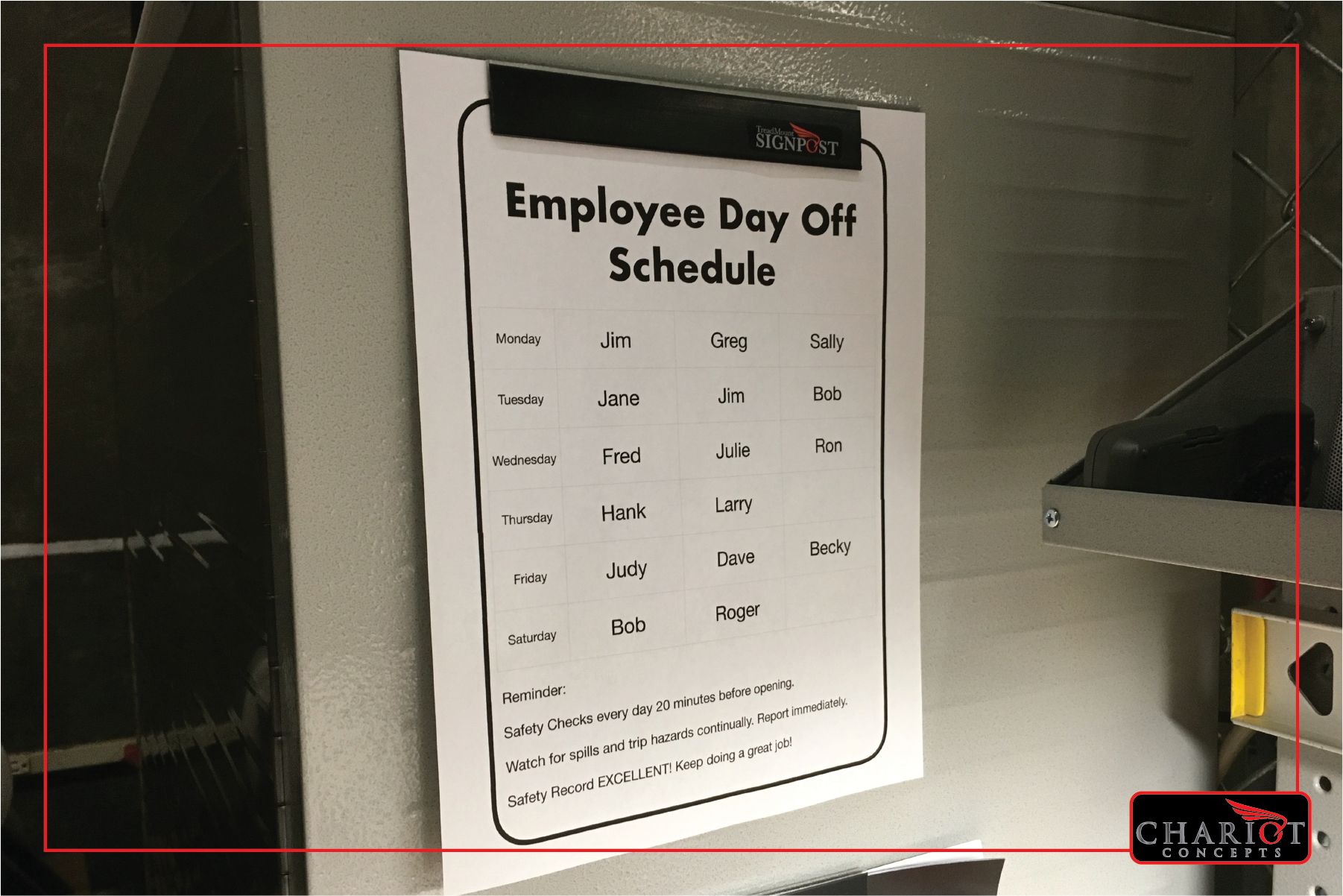 Are you tired of the mess left behind by tape when posting schedules? The Slat&Rack Signpost provides a permanently attached quick-change magnetic clamp for your schedules. Change them out without a hassle or a mess.